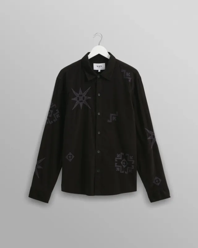 Trin - Black Geometrical Embroidered Corduroy Shirt made by Wax London
