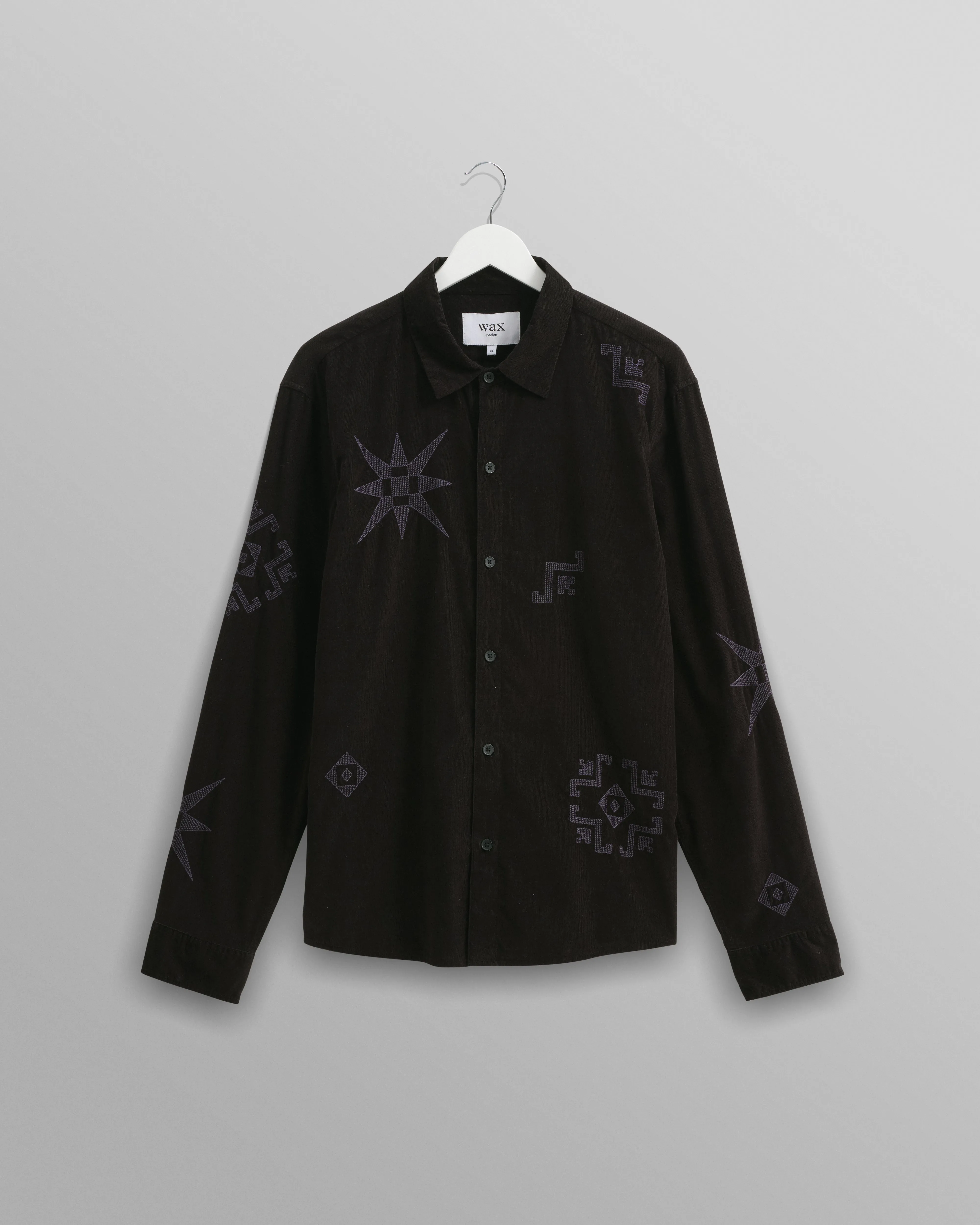 Trin - Black Geometrical Embroidered Corduroy Shirt sold by Wax London