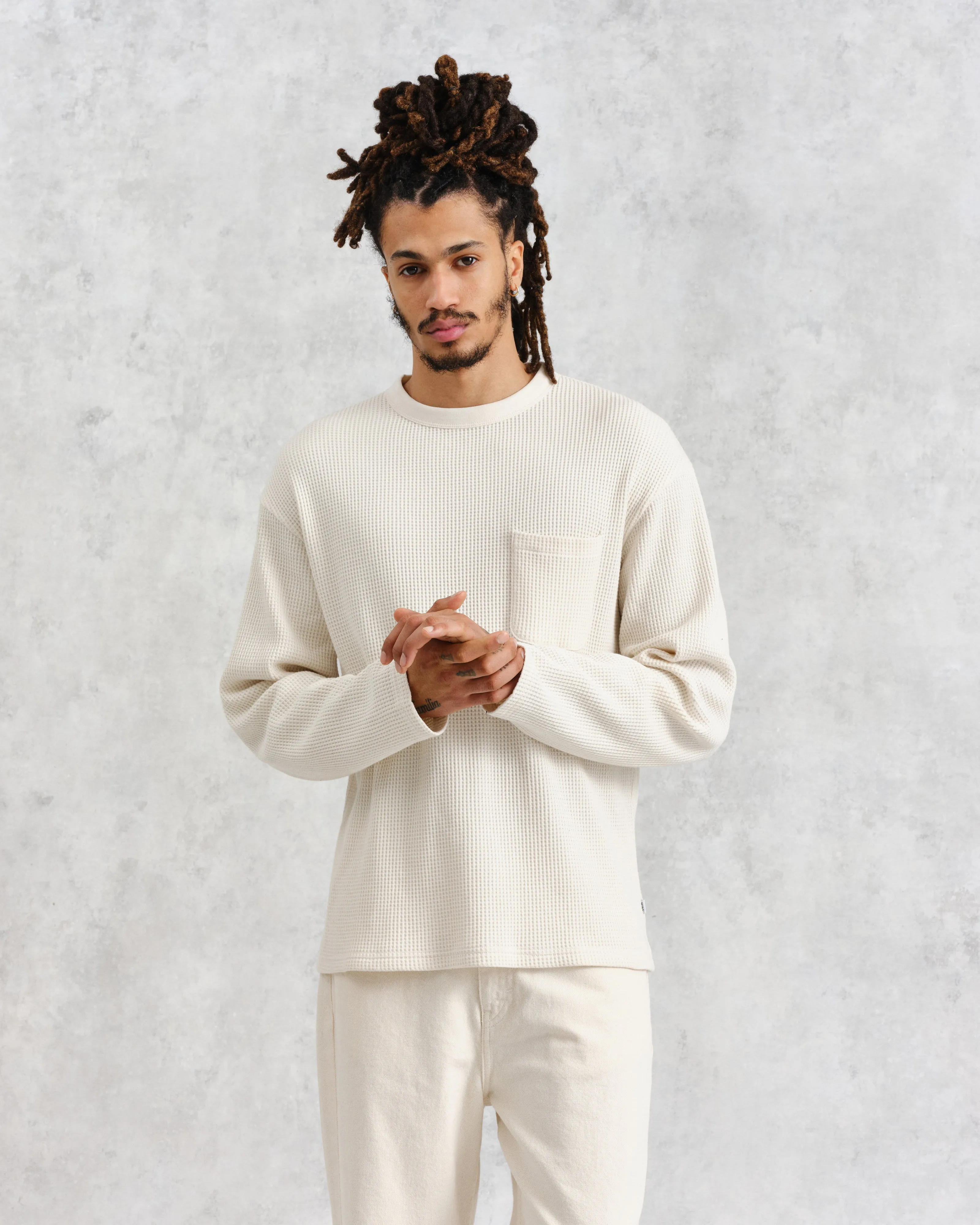 Moore - Ecru Organic Waffle Textured Cotton T-Shirt sold by Wax London product image thumbnail 2