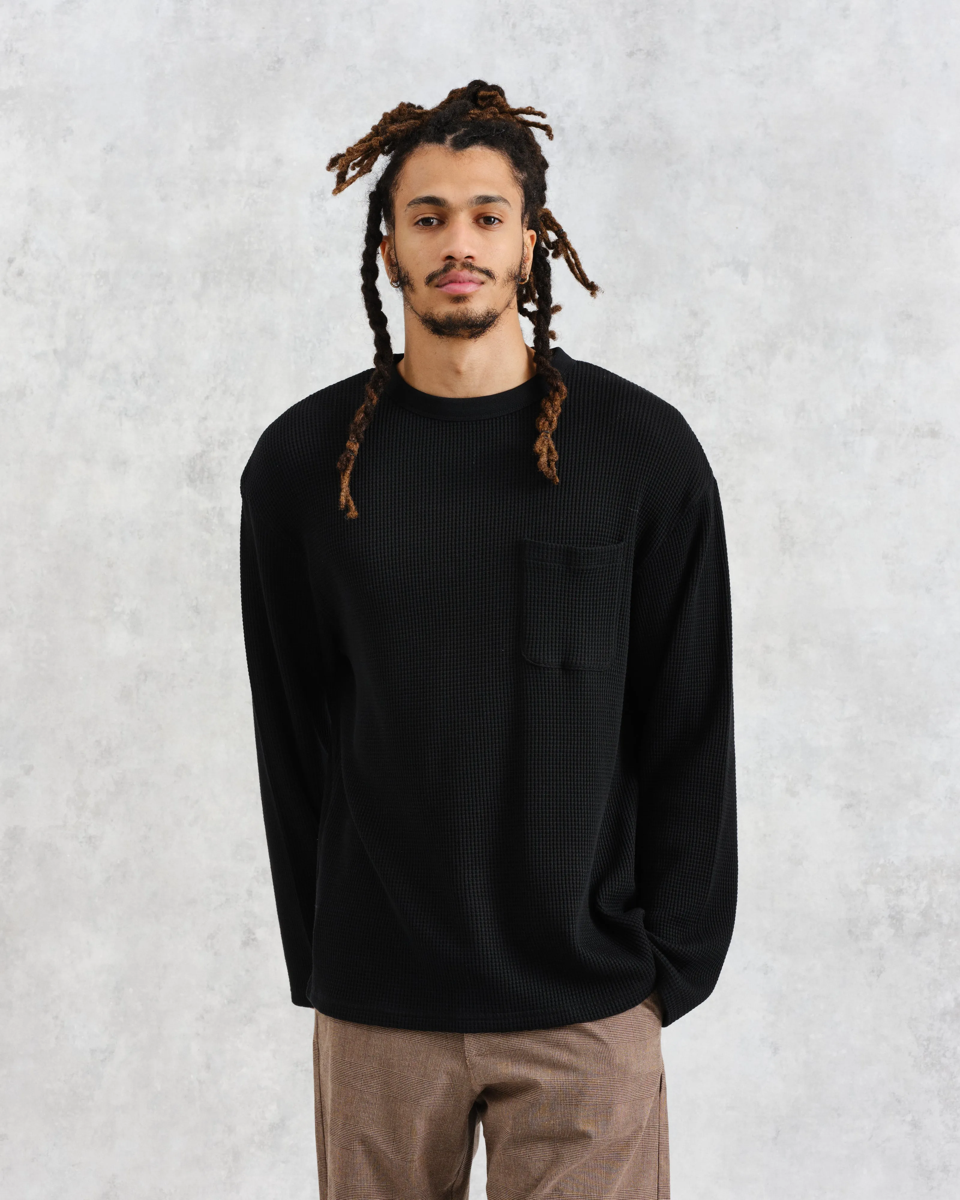 Moore - Black Organic Waffle Textured Cotton T-Shirt sold by Wax London product image thumbnail 2