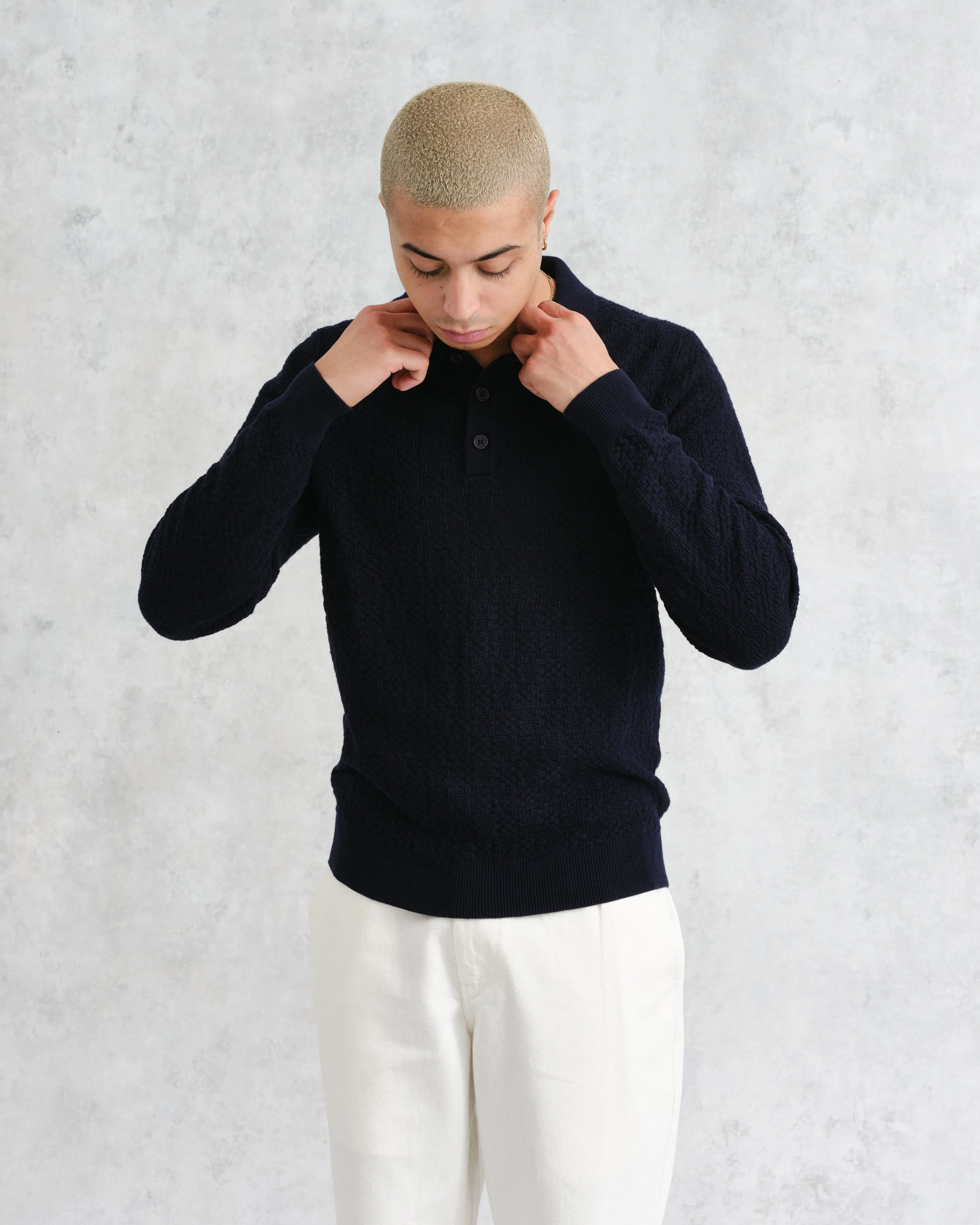 Oban - Navy Textured-Check Knitted Long Sleeve Polo Shirt sold by Wax London product image thumbnail 2
