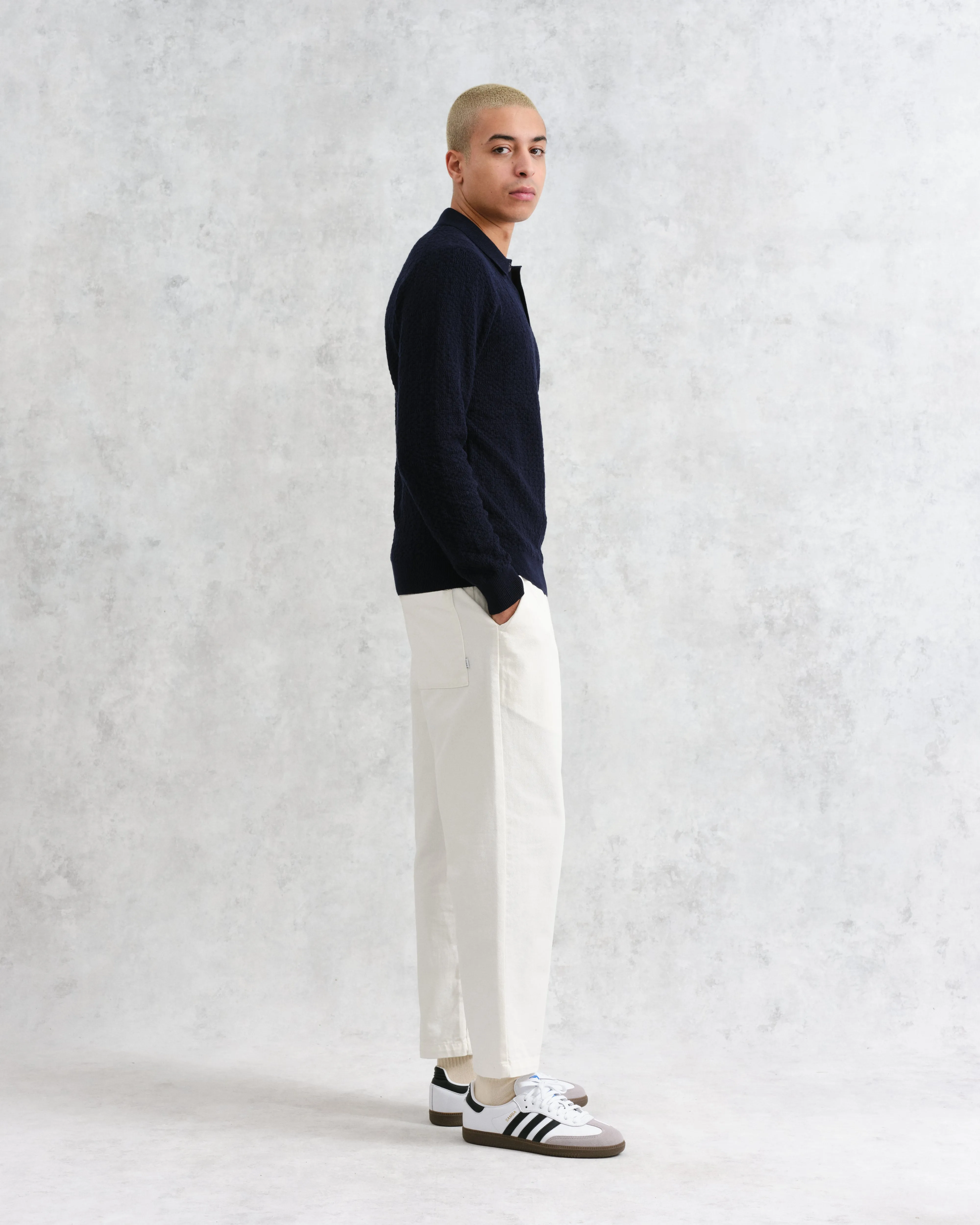 Oban - Navy Textured-Check Knitted Long Sleeve Polo Shirt sold by Wax London product image thumbnail 5