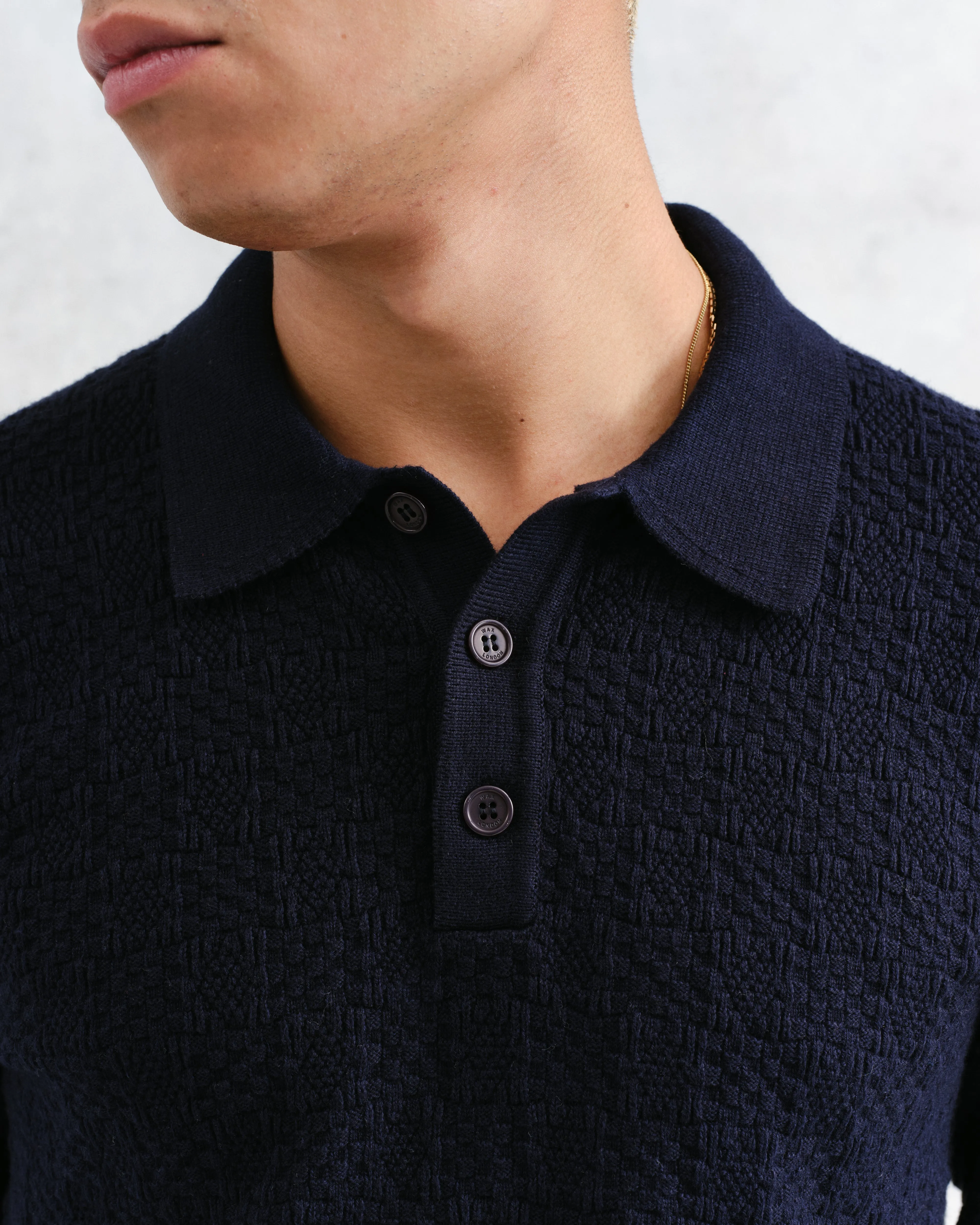 Oban - Navy Textured-Check Knitted Long Sleeve Polo Shirt sold by Wax London product image thumbnail 3