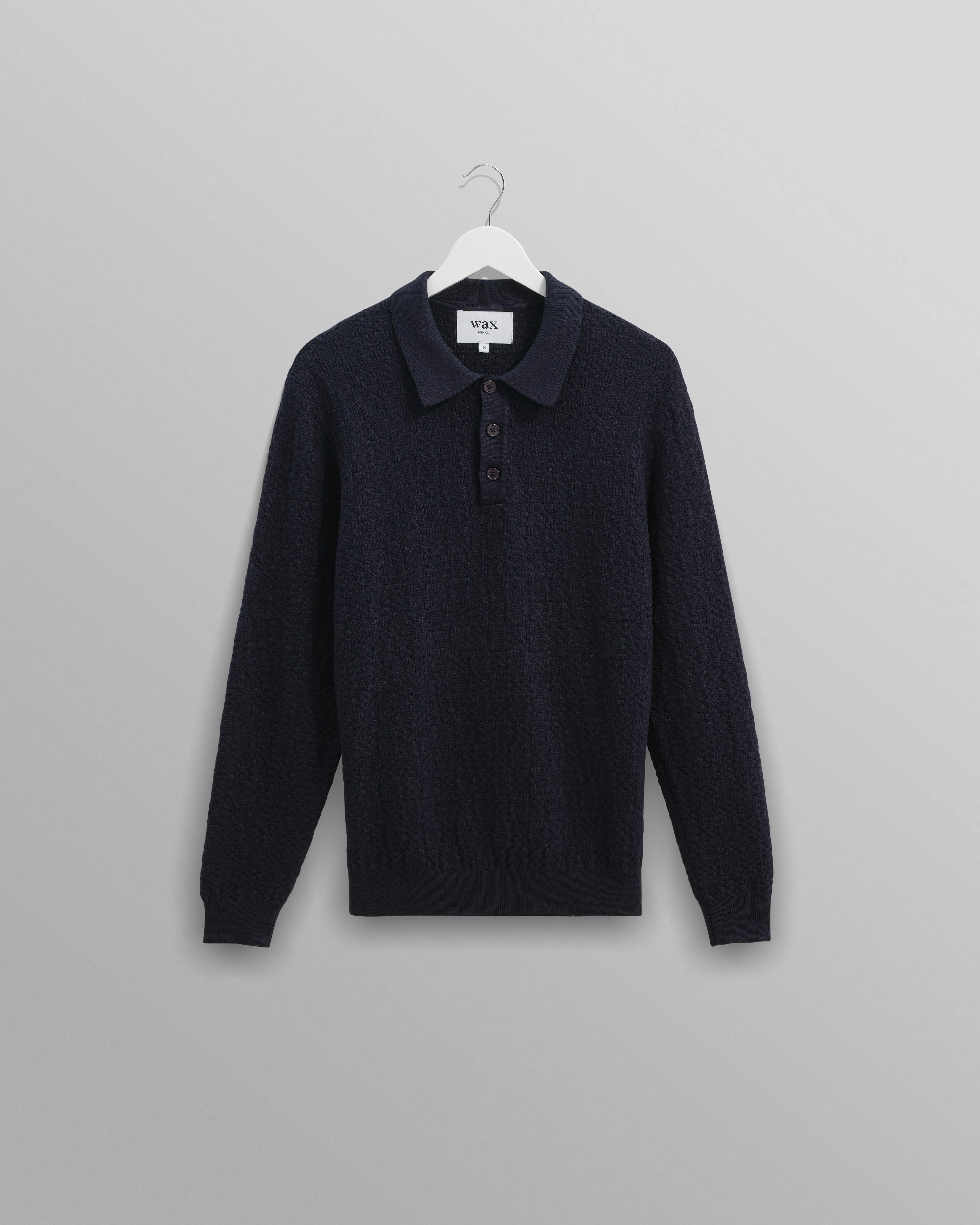 Oban - Navy Textured-Check Knitted Long Sleeve Polo Shirt sold by Wax London