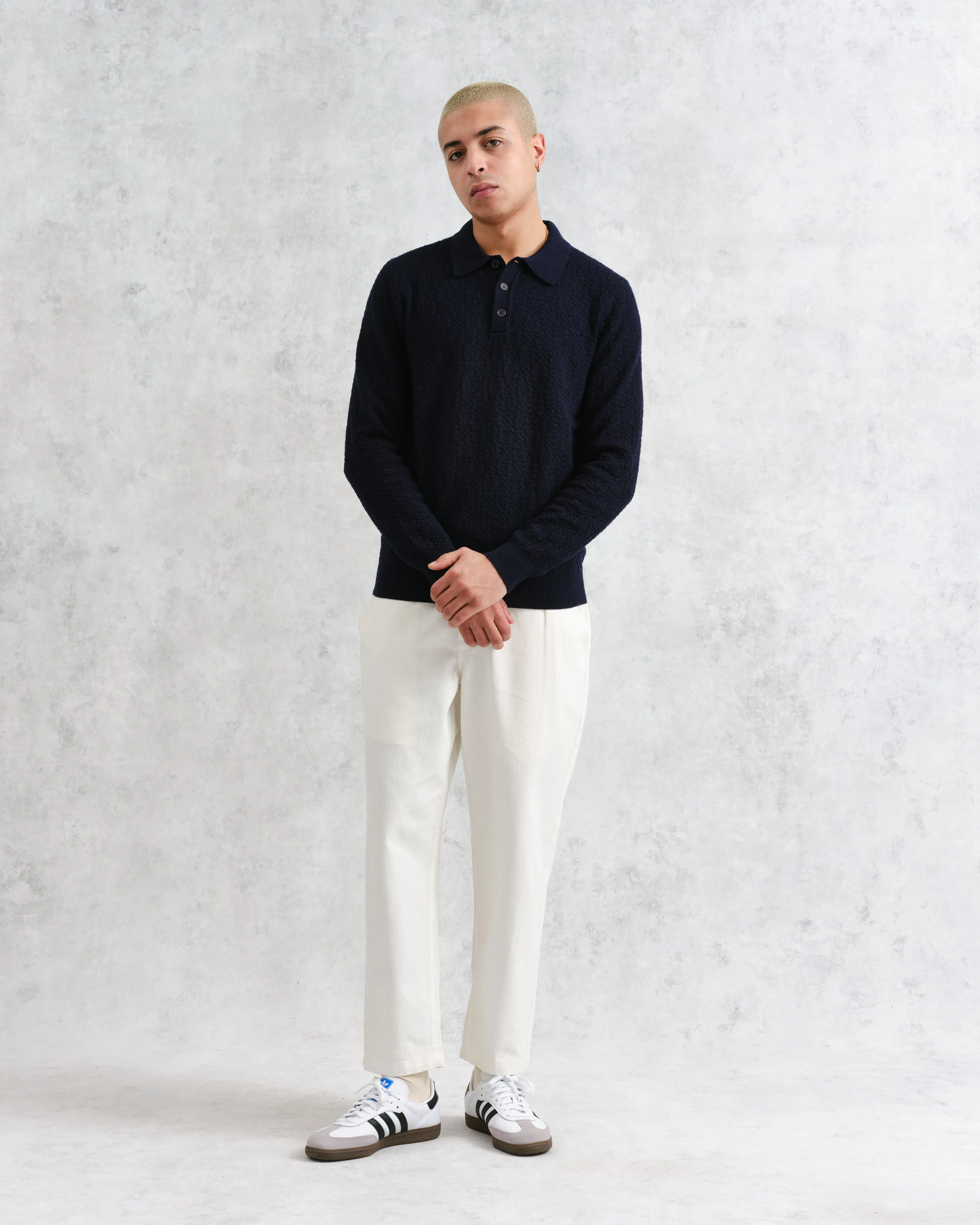 Oban - Navy Textured-Check Knitted Long Sleeve Polo Shirt sold by Wax London product image thumbnail 4