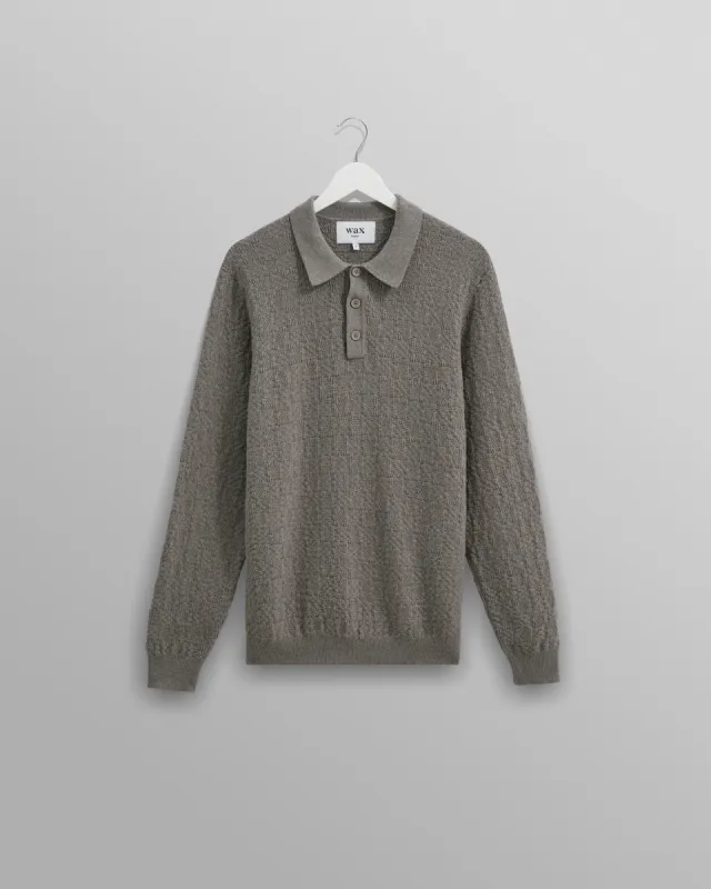 Oban - Grey Marl Textured-Check Knitted Long Sleeve Polo Shirt sold by Wax London