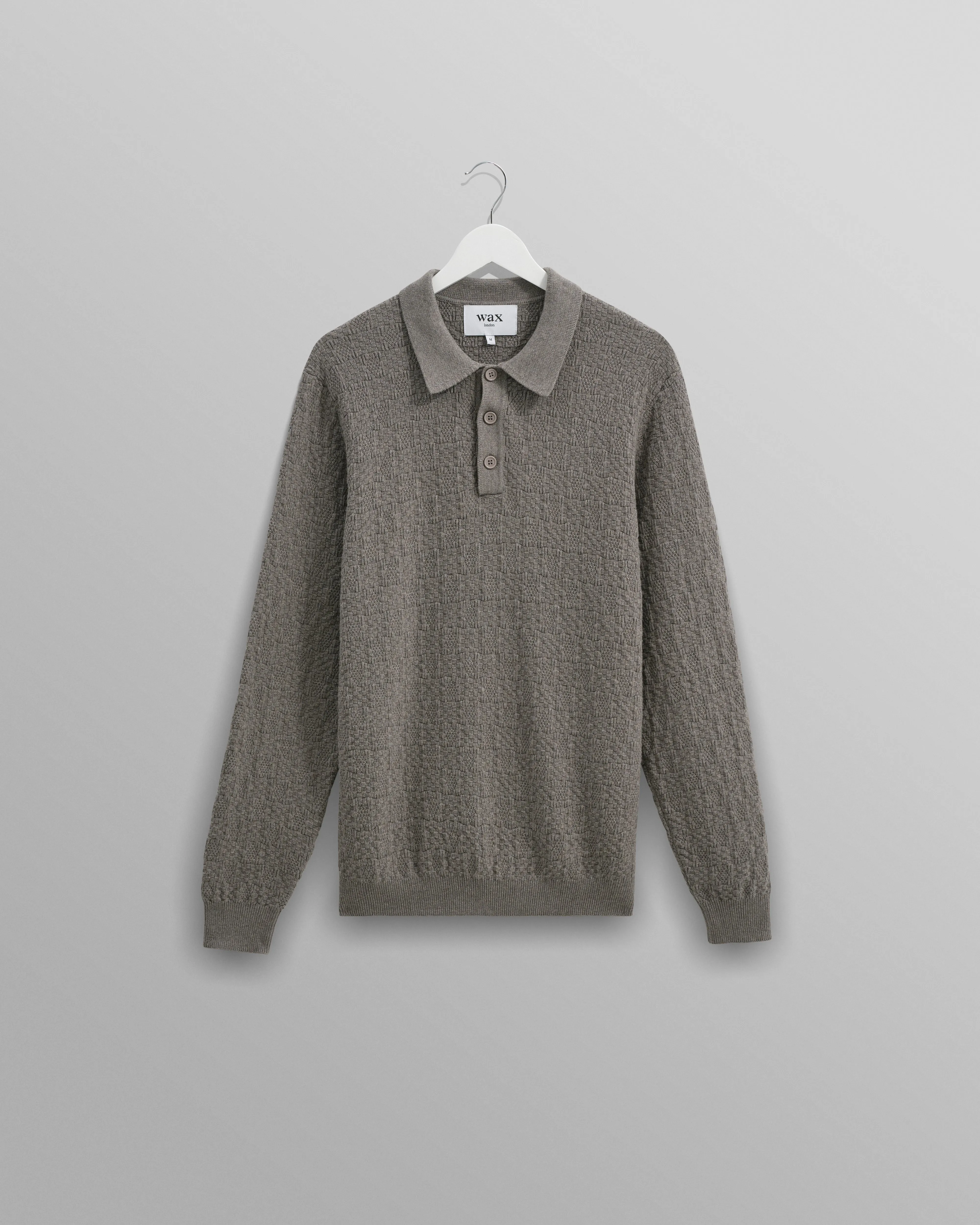 Oban - Grey Marl Textured-Check Knitted Long Sleeve Polo Shirt sold by Wax London