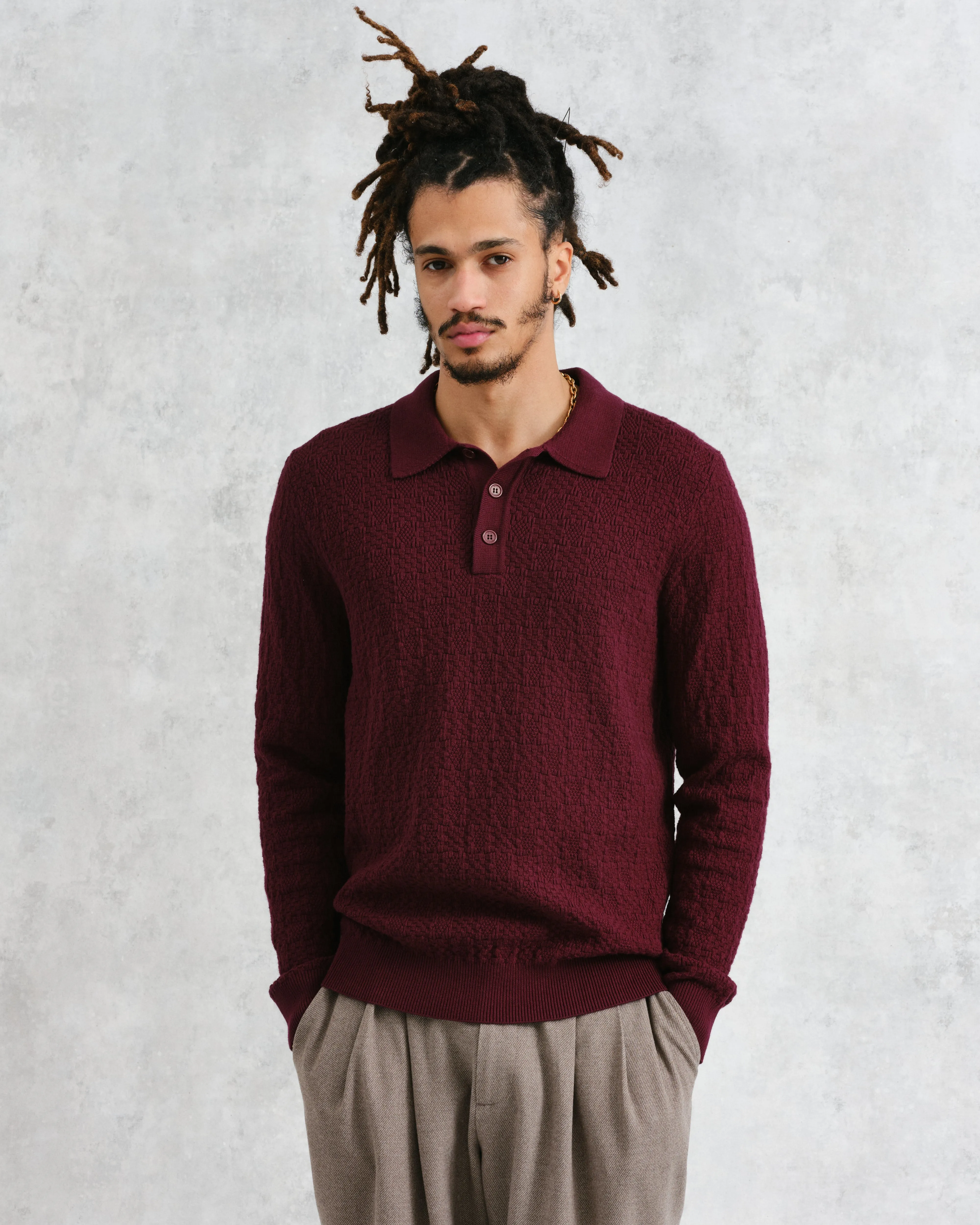 Oban - Burgundy Textured-Check Knitted Long Sleeve Polo Shirt sold by Wax London product image thumbnail 2