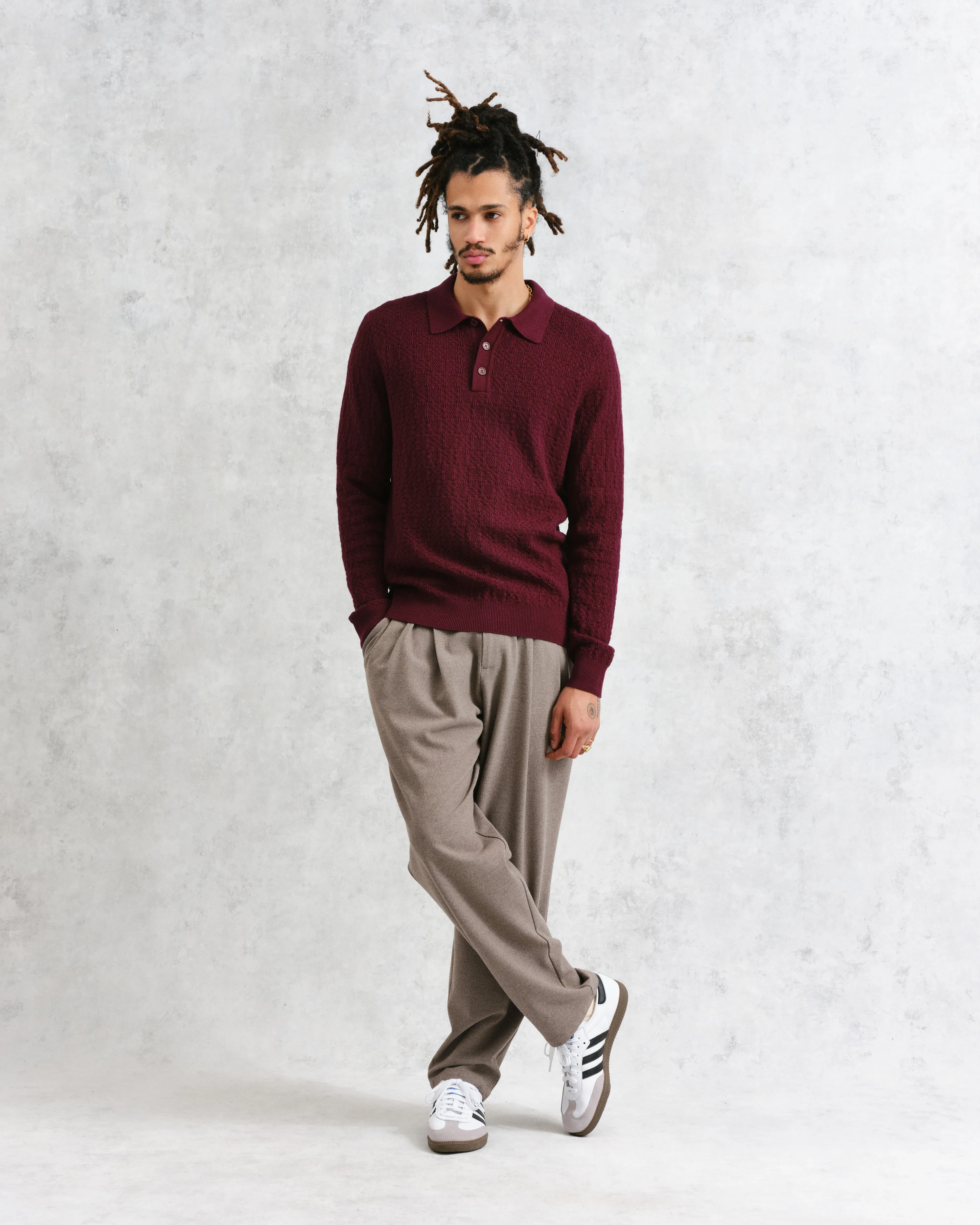 Oban - Burgundy Textured-Check Knitted Long Sleeve Polo Shirt sold by Wax London product image thumbnail 4