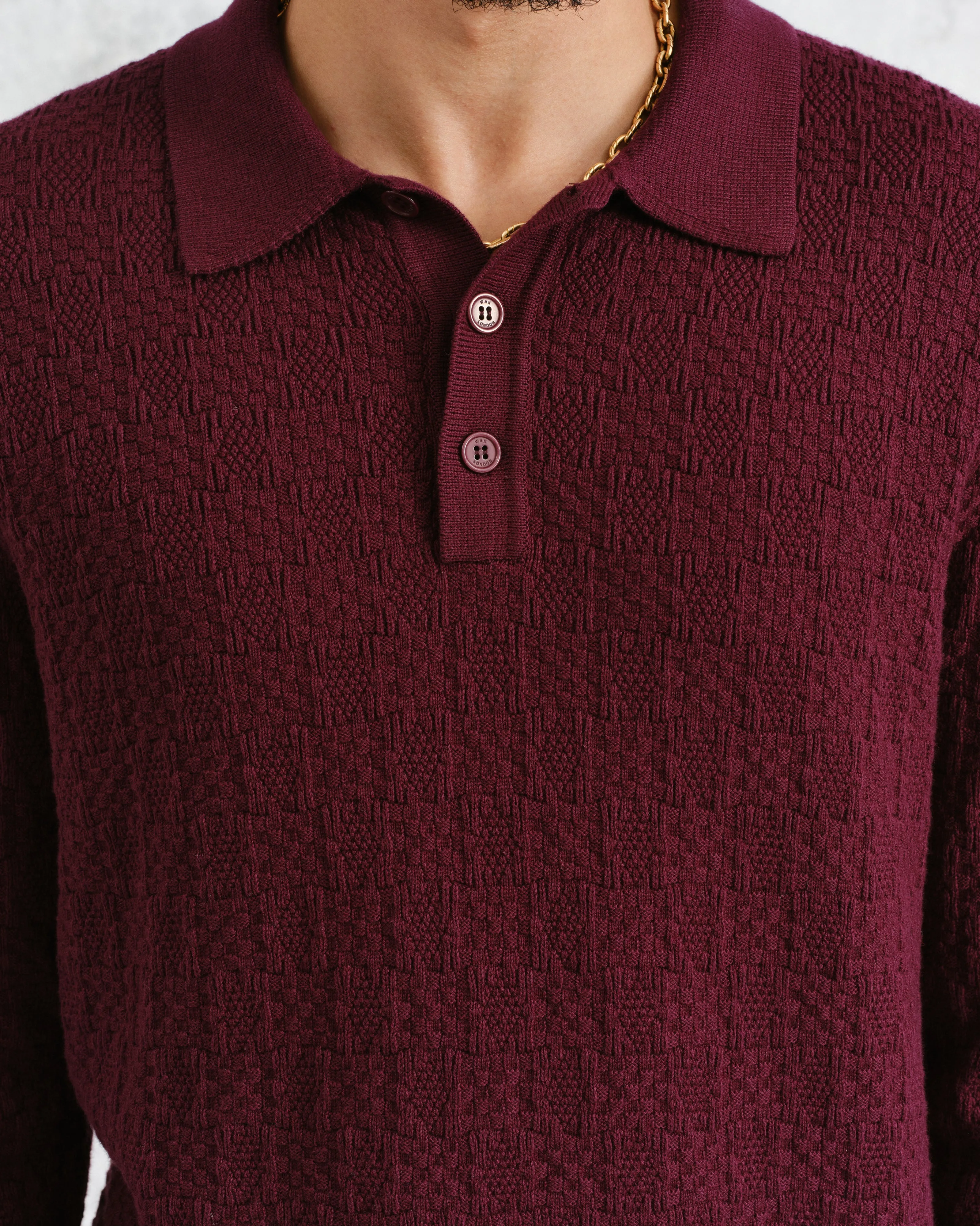 Oban - Burgundy Textured-Check Knitted Long Sleeve Polo Shirt sold by Wax London product image thumbnail 3