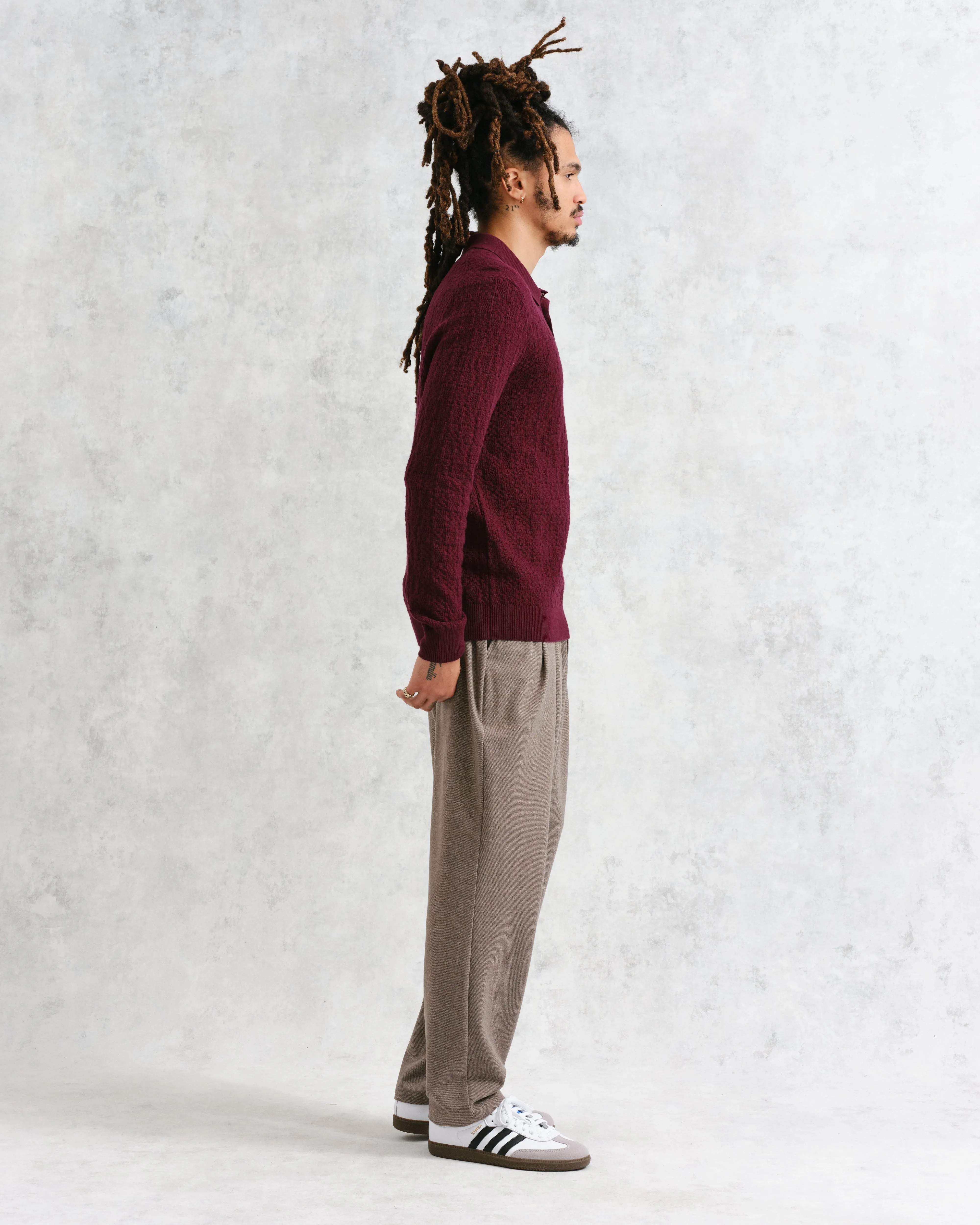 Oban - Burgundy Textured-Check Knitted Long Sleeve Polo Shirt sold by Wax London product image thumbnail 5