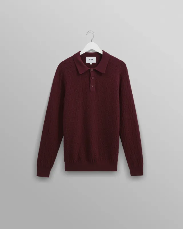 Oban - Burgundy Textured-Check Knitted Long Sleeve Polo Shirt sold by Wax London