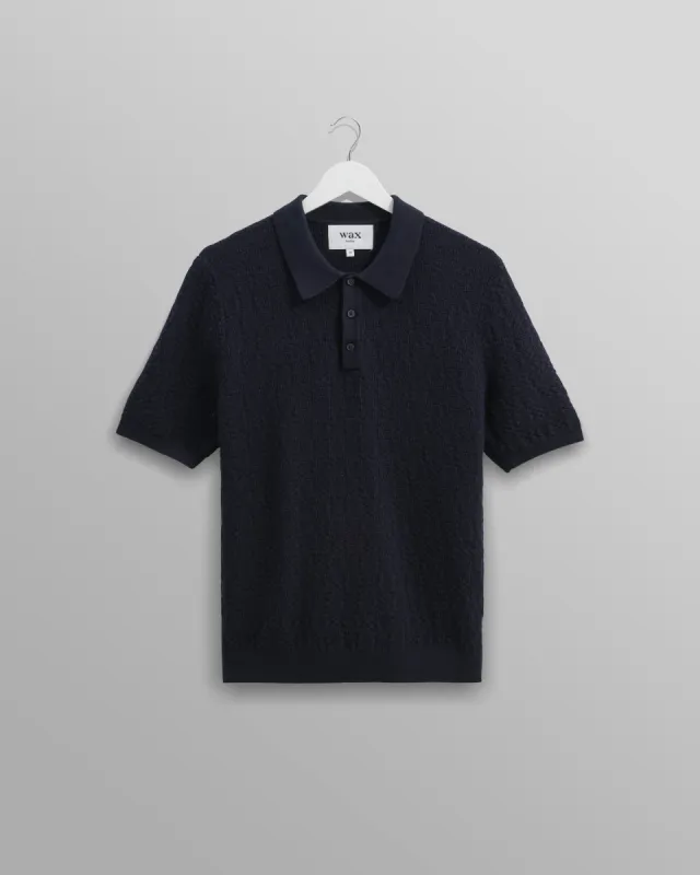 Naples - Navy Textured-Check Knitted Polo Shirt sold by Wax London