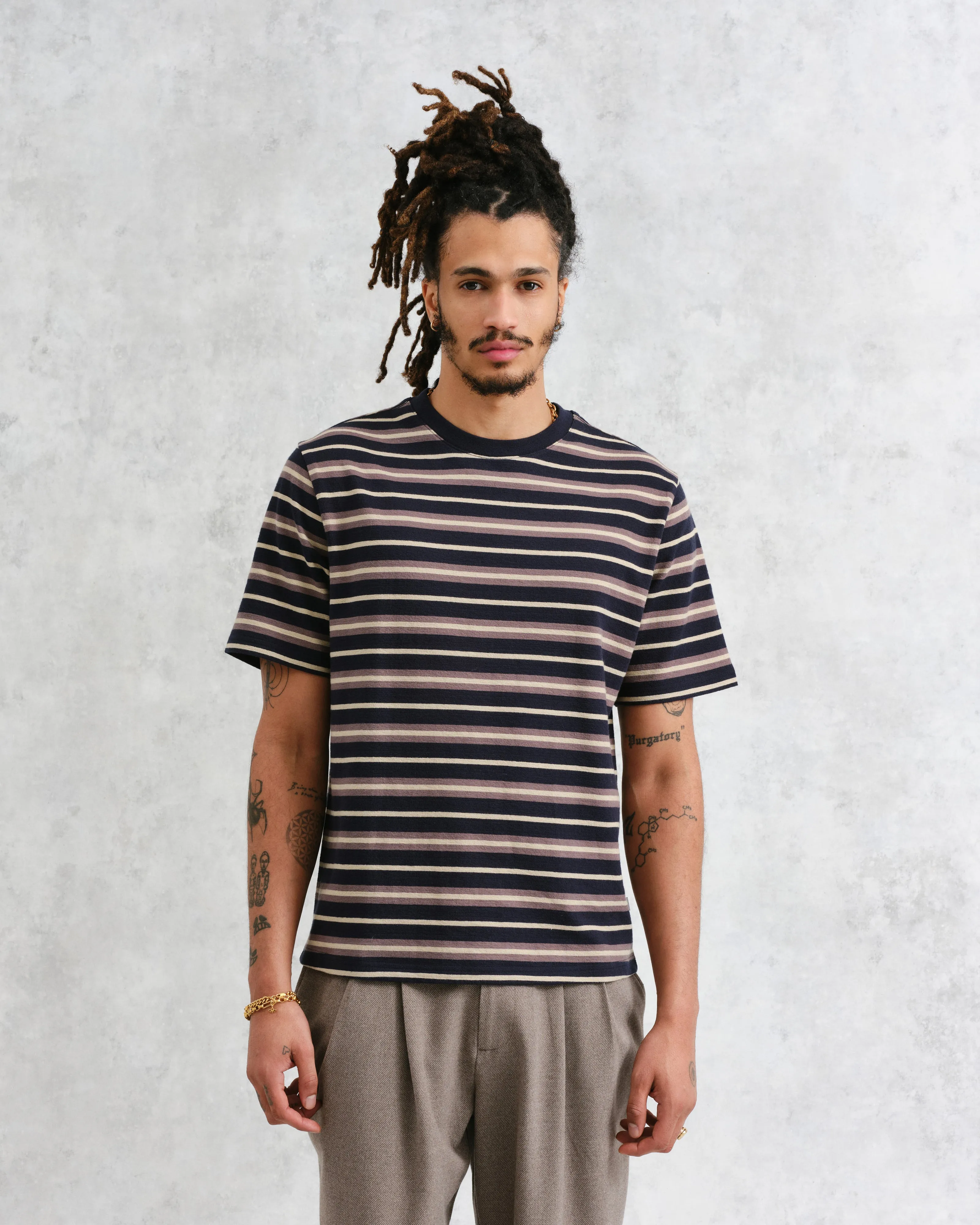 Dean - Navy Striped Textured Organic Cotton T-Shirt sold by Wax London product image thumbnail 2