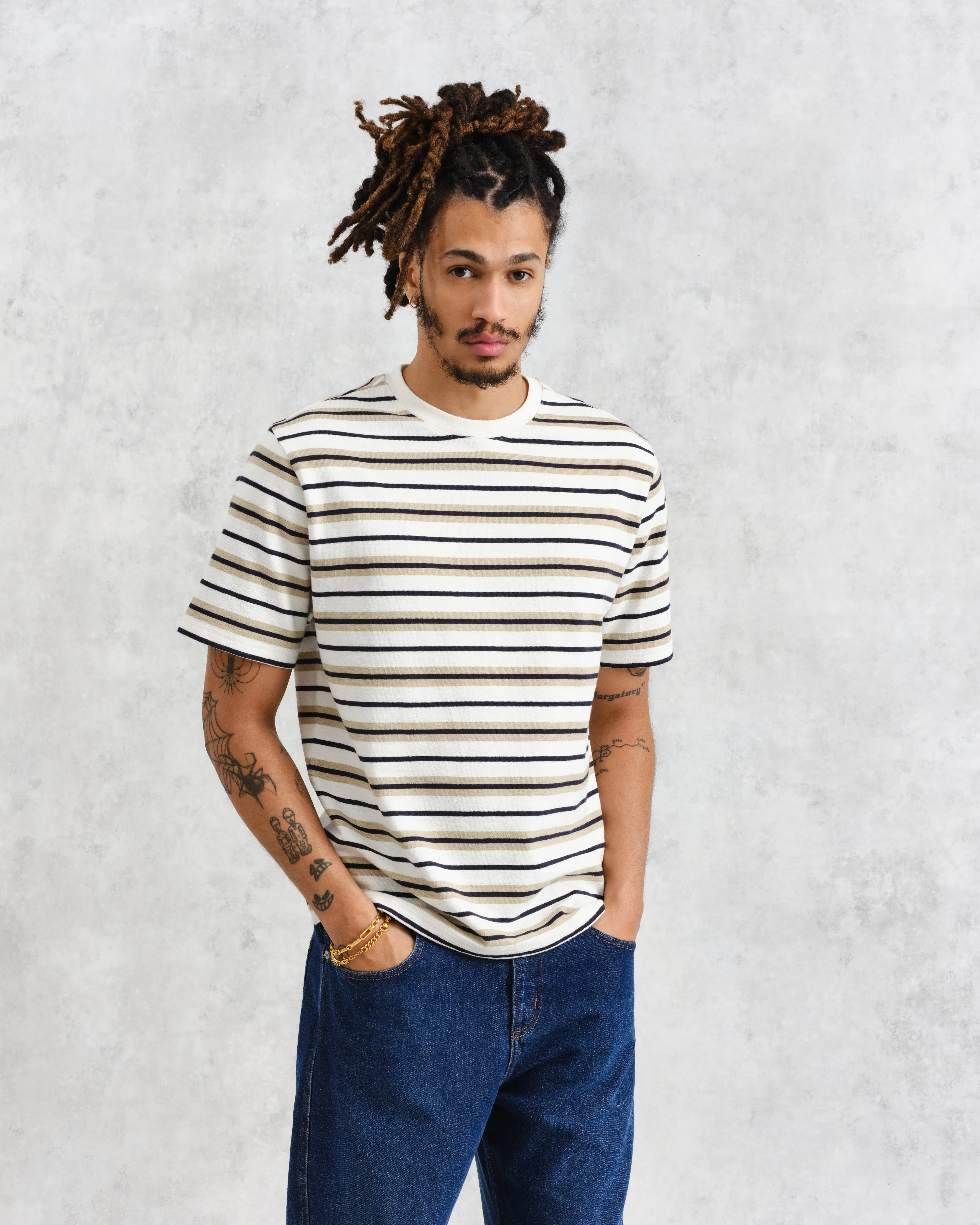 Dean - Ecru Striped Textured Organic Cotton T-Shirt sold by Wax London product image thumbnail 2