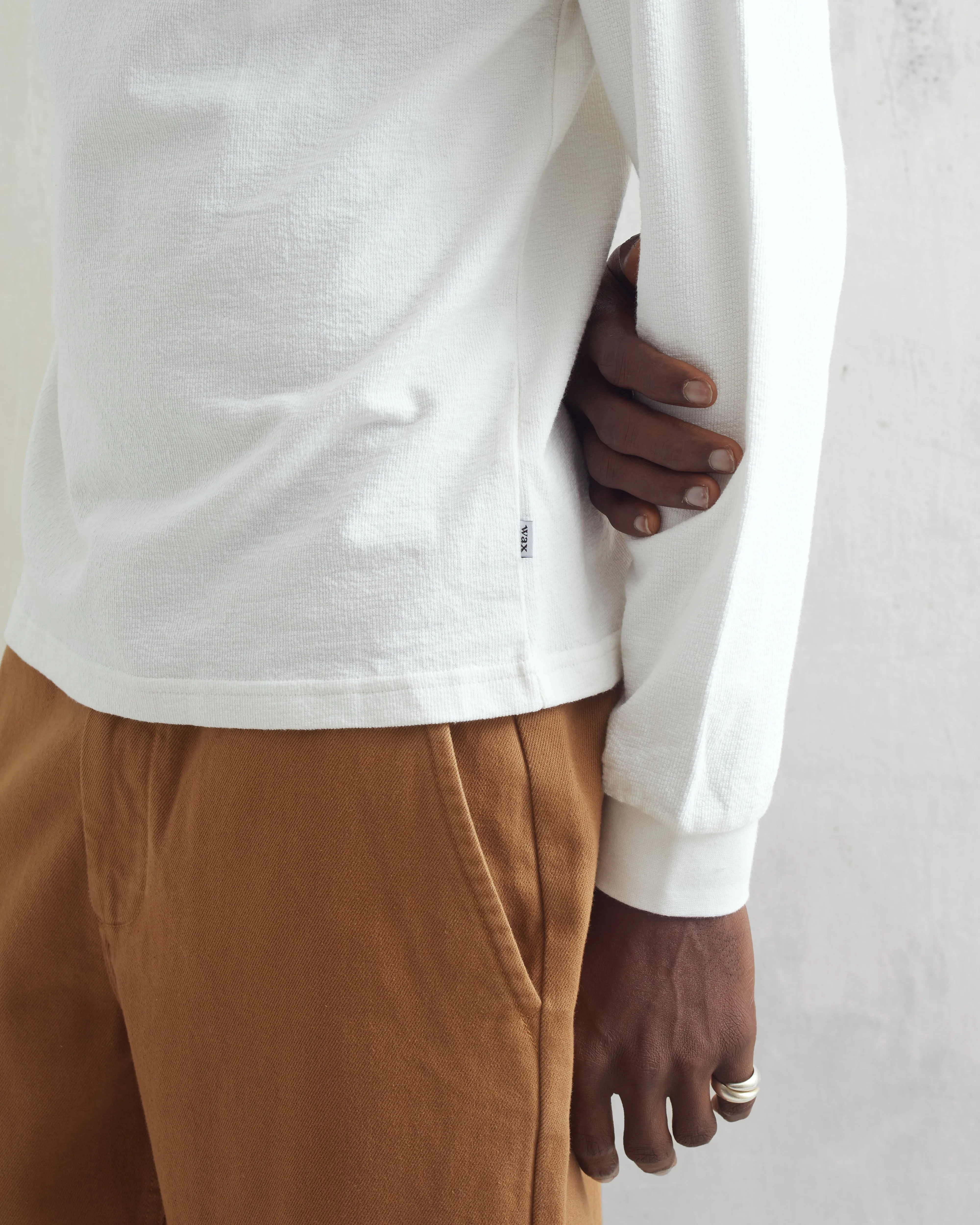 Hayden - White Textured Organic Cotton Long Sleeve T-Shirt sold by Wax London product image thumbnail 3