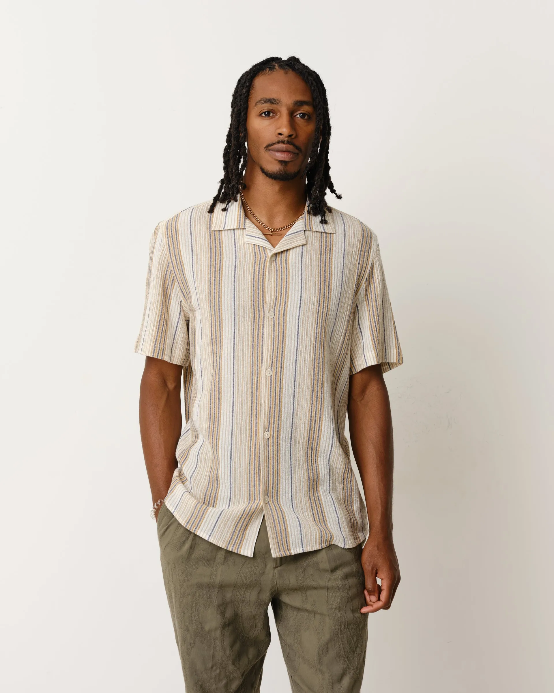 Didcot Shirt Navy/Mustard Crinkle Stripe sold by Wax London product image thumbnail 2