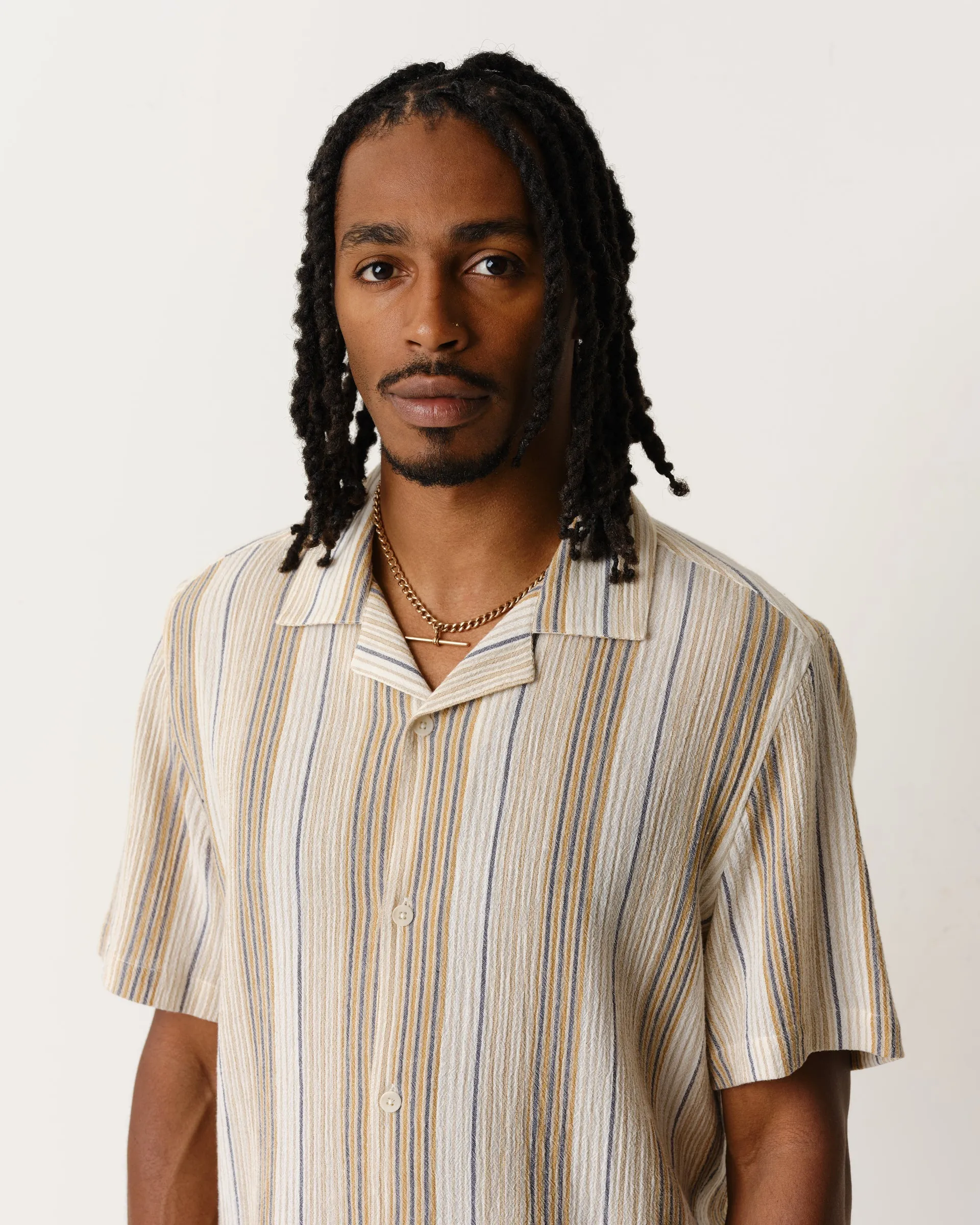 Didcot Shirt Navy/Mustard Crinkle Stripe sold by Wax London product image thumbnail 4
