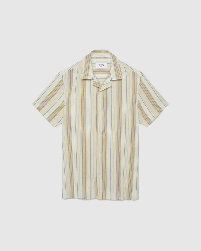 Didcot Shirt Navy/Mustard Crinkle Stripe sold by Wax London
