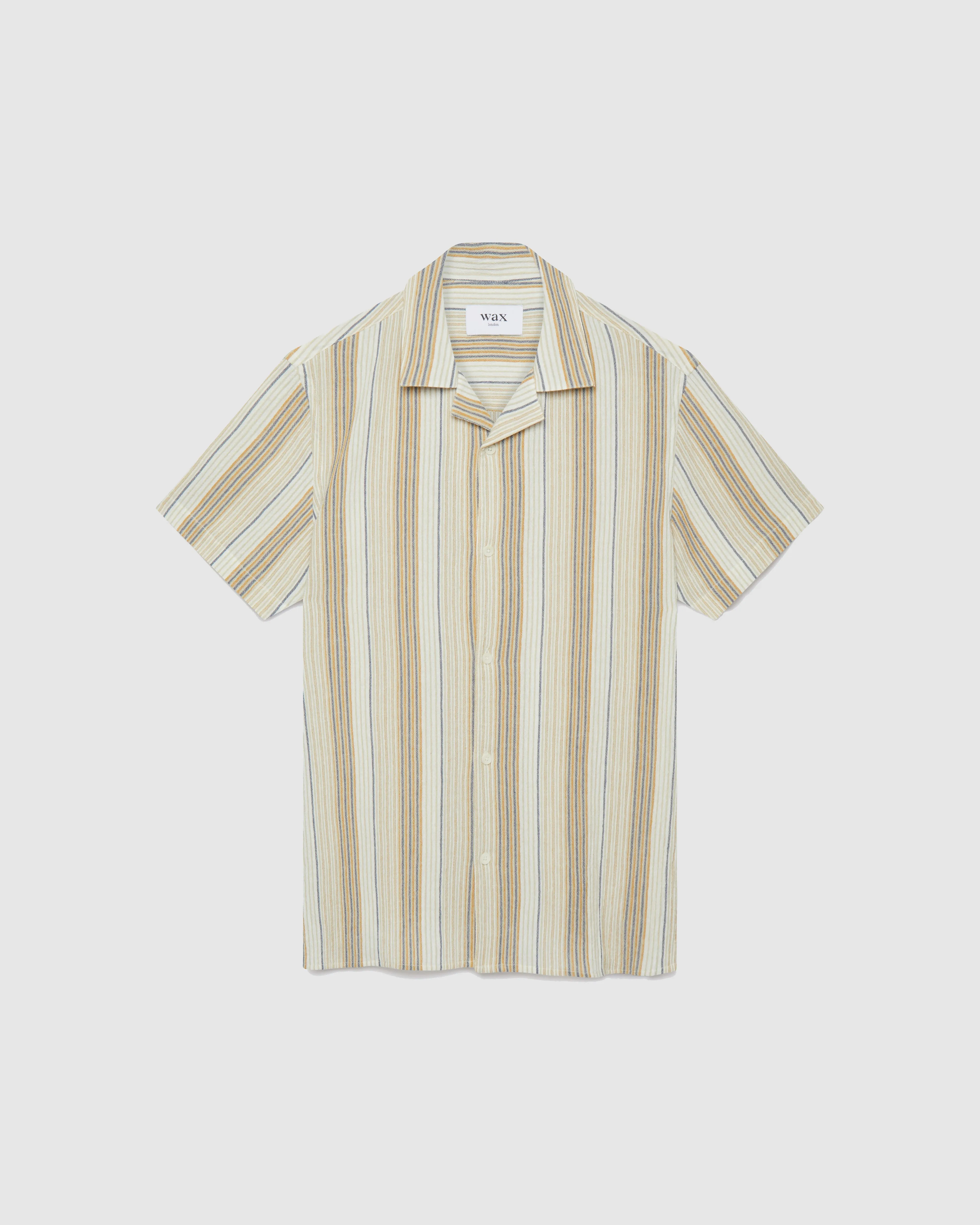 Didcot Shirt Navy/Mustard Crinkle Stripe sold by Wax London