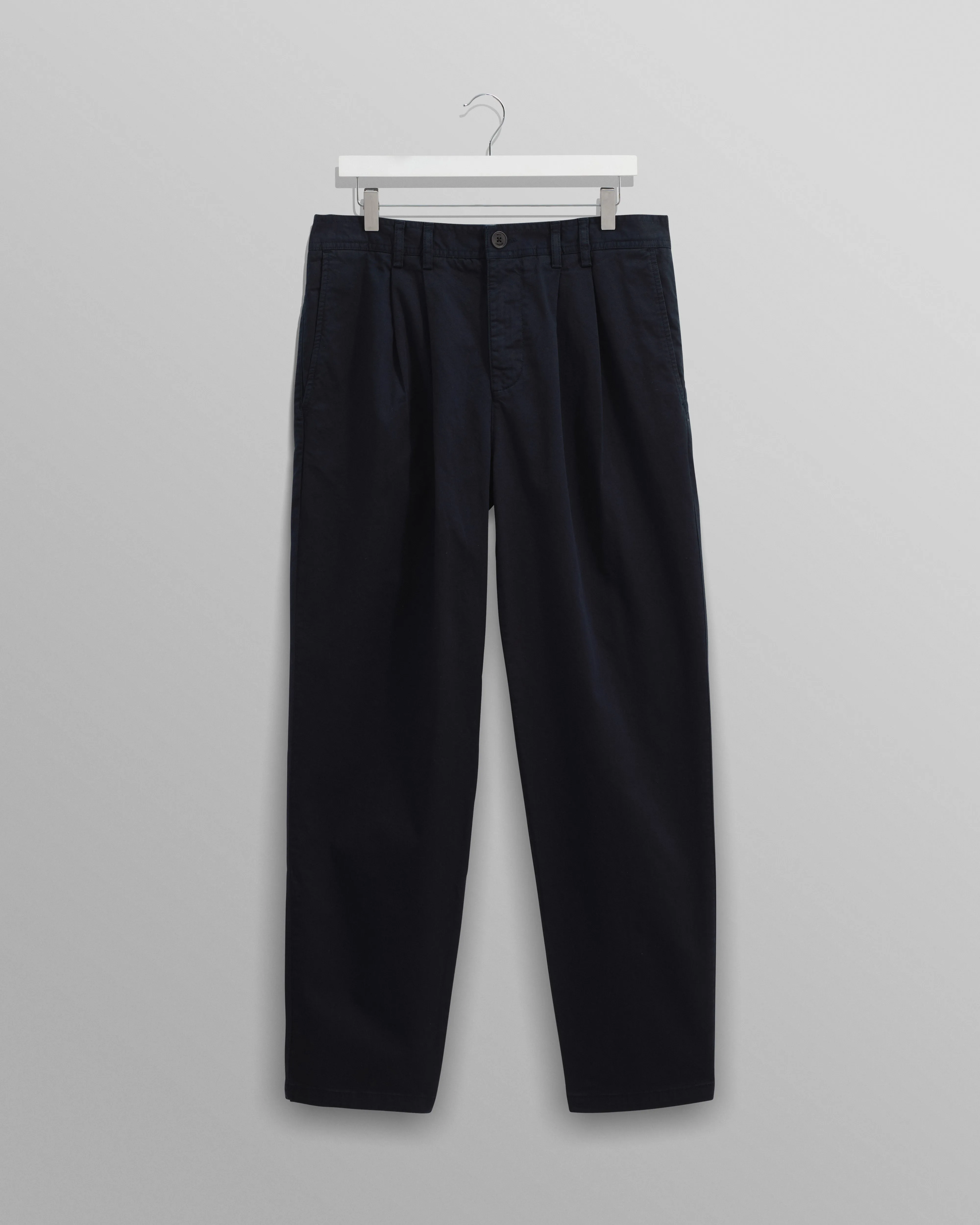 Raleigh - Navy Cotton Pleated Trousers sold by Wax London