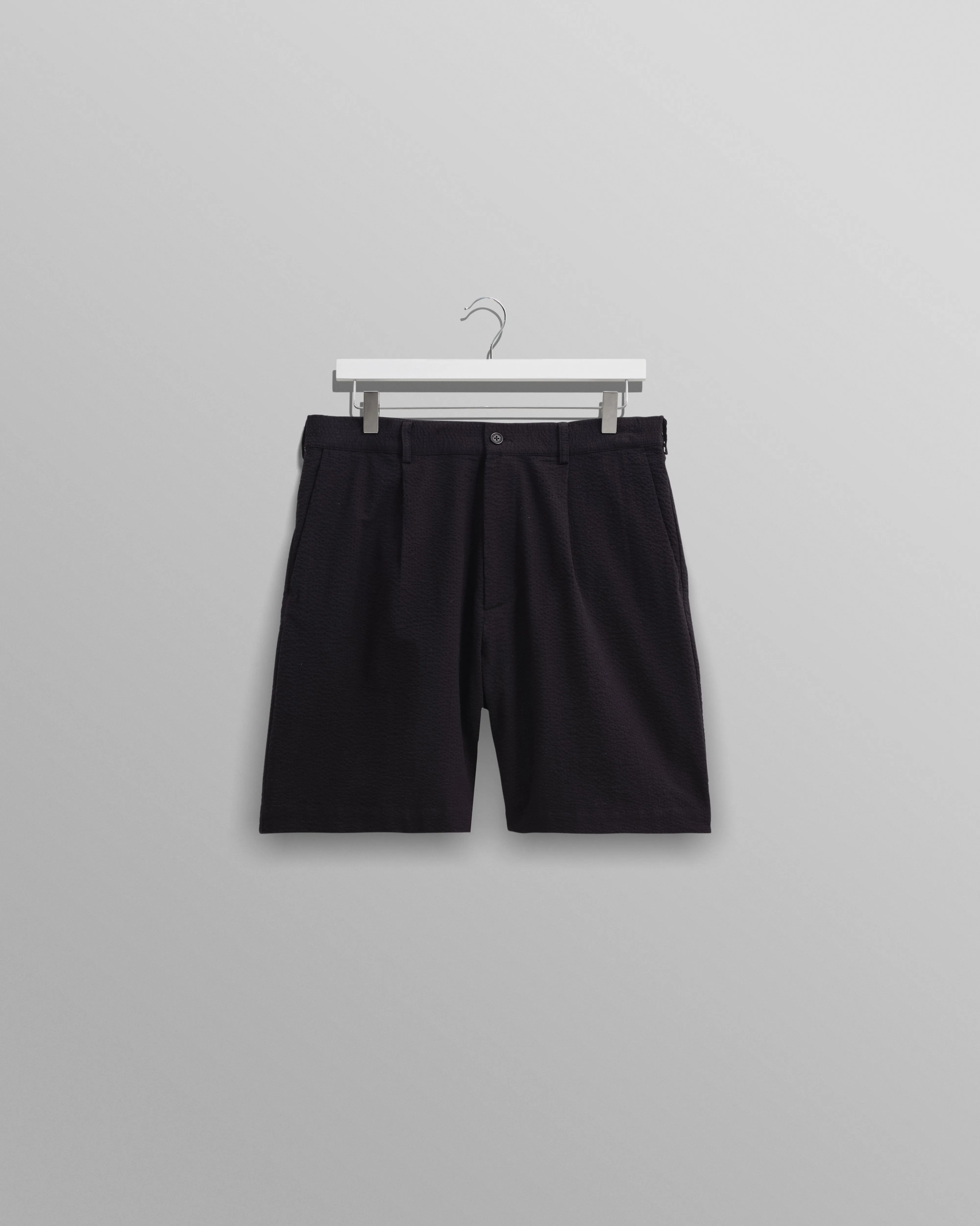 Linton Pleat Shorts Black Seersucker sold by Wax London