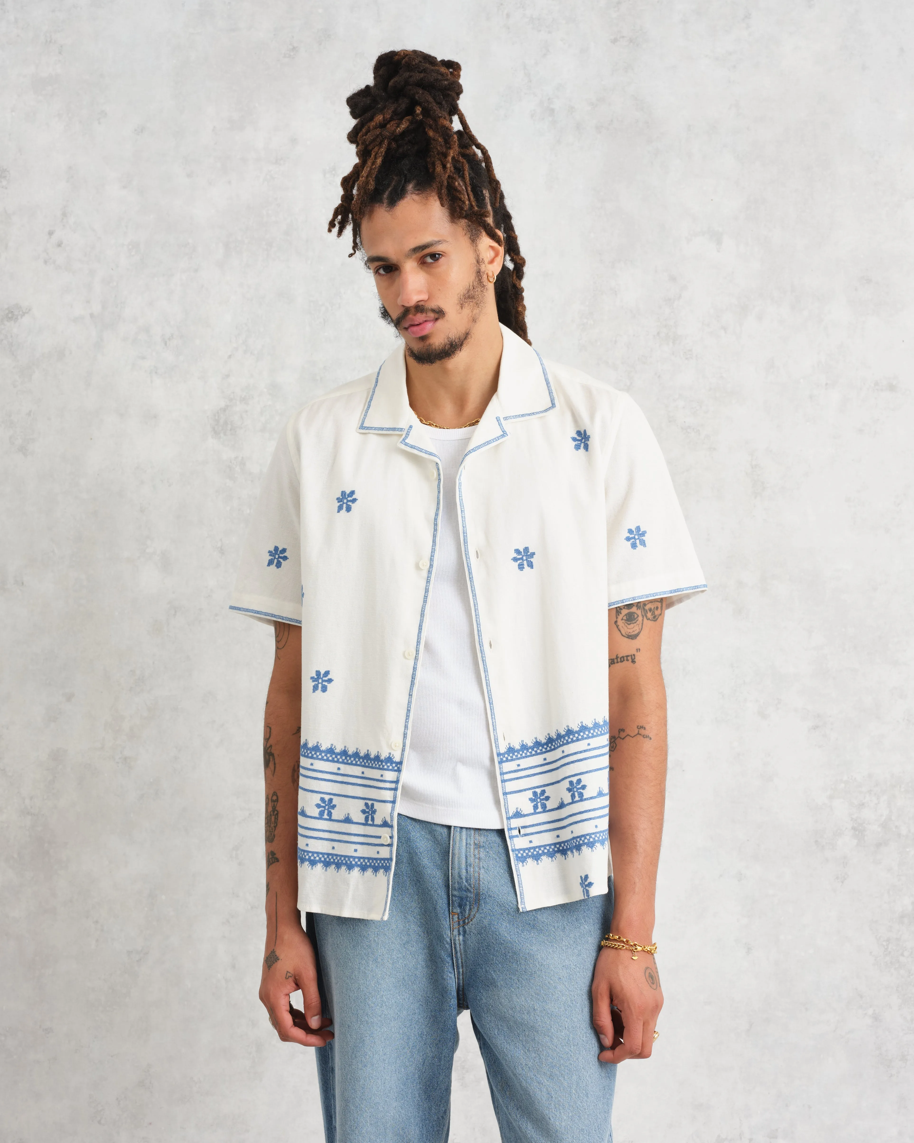 Didcot Shirt Ecru/Blue Daisy Embroidery sold by Wax London product image thumbnail 2