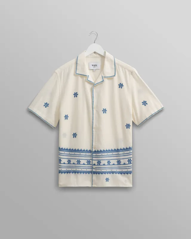 Didcot Shirt Ecru/Blue Daisy Embroidery sold by Wax London
