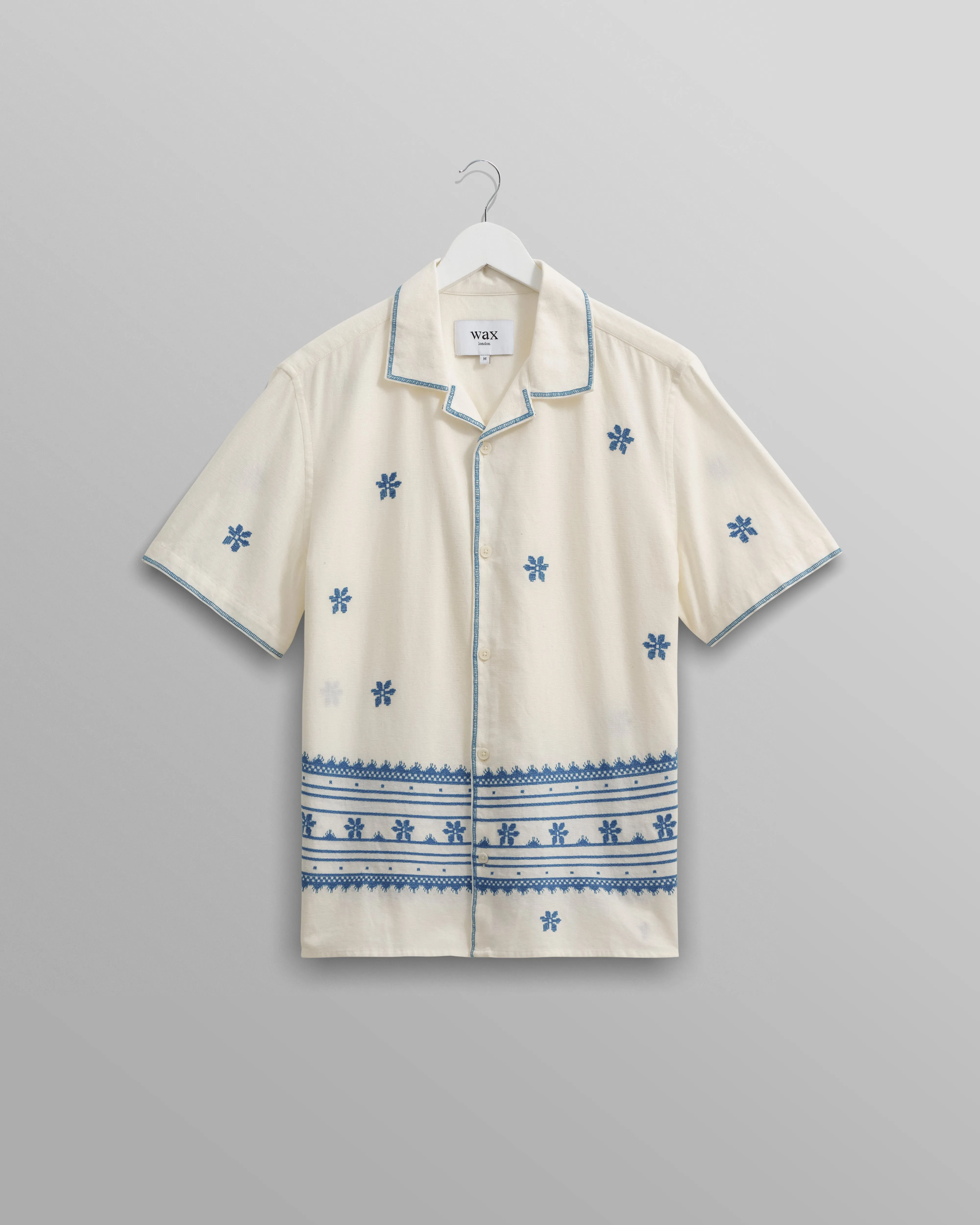Didcot Shirt Ecru/Blue Daisy Embroidery sold by Wax London