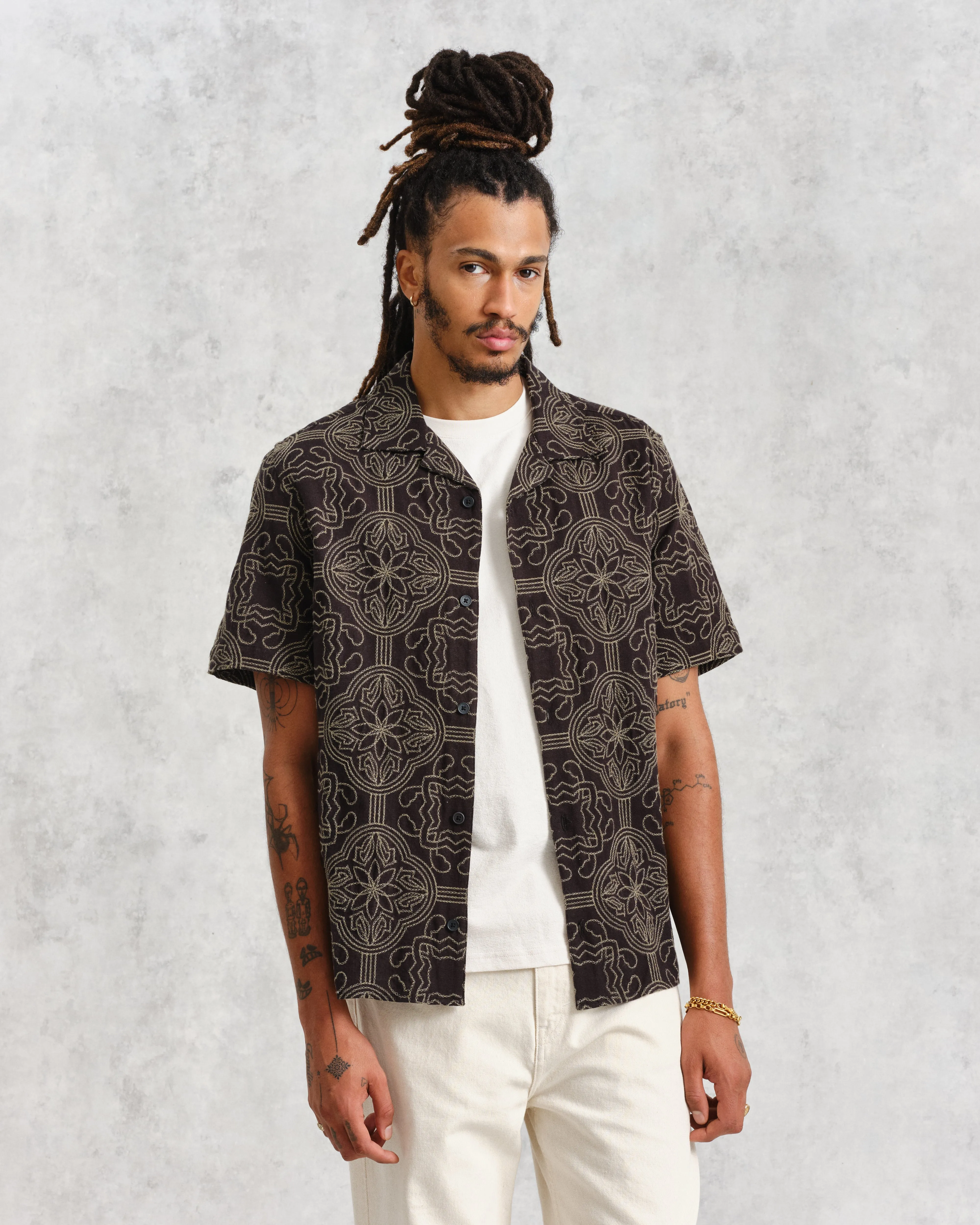 Didcot Shirt Black/Green Tile Stitch sold by Wax London product image thumbnail 2