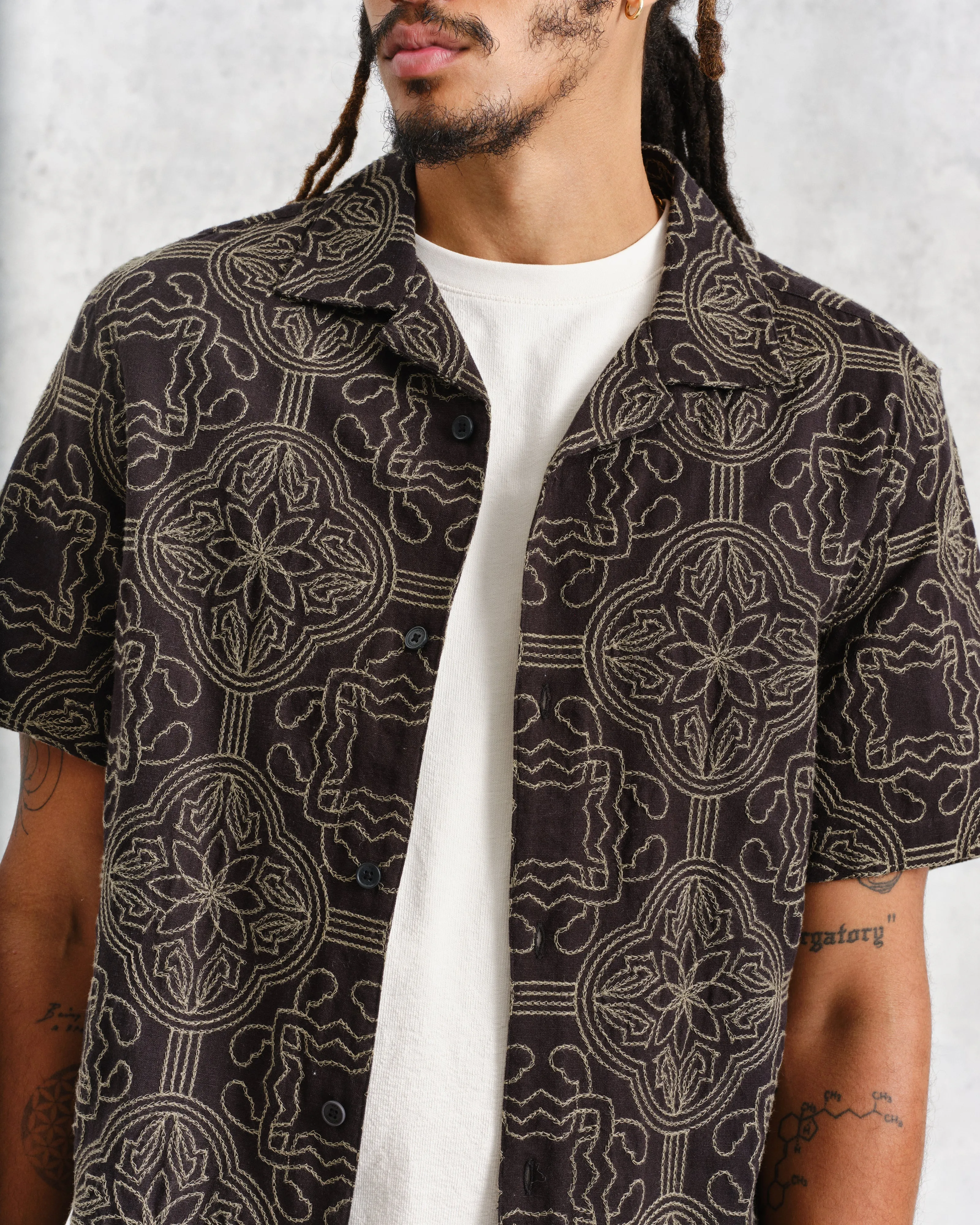 Didcot Shirt Black/Green Tile Stitch sold by Wax London product image thumbnail 3