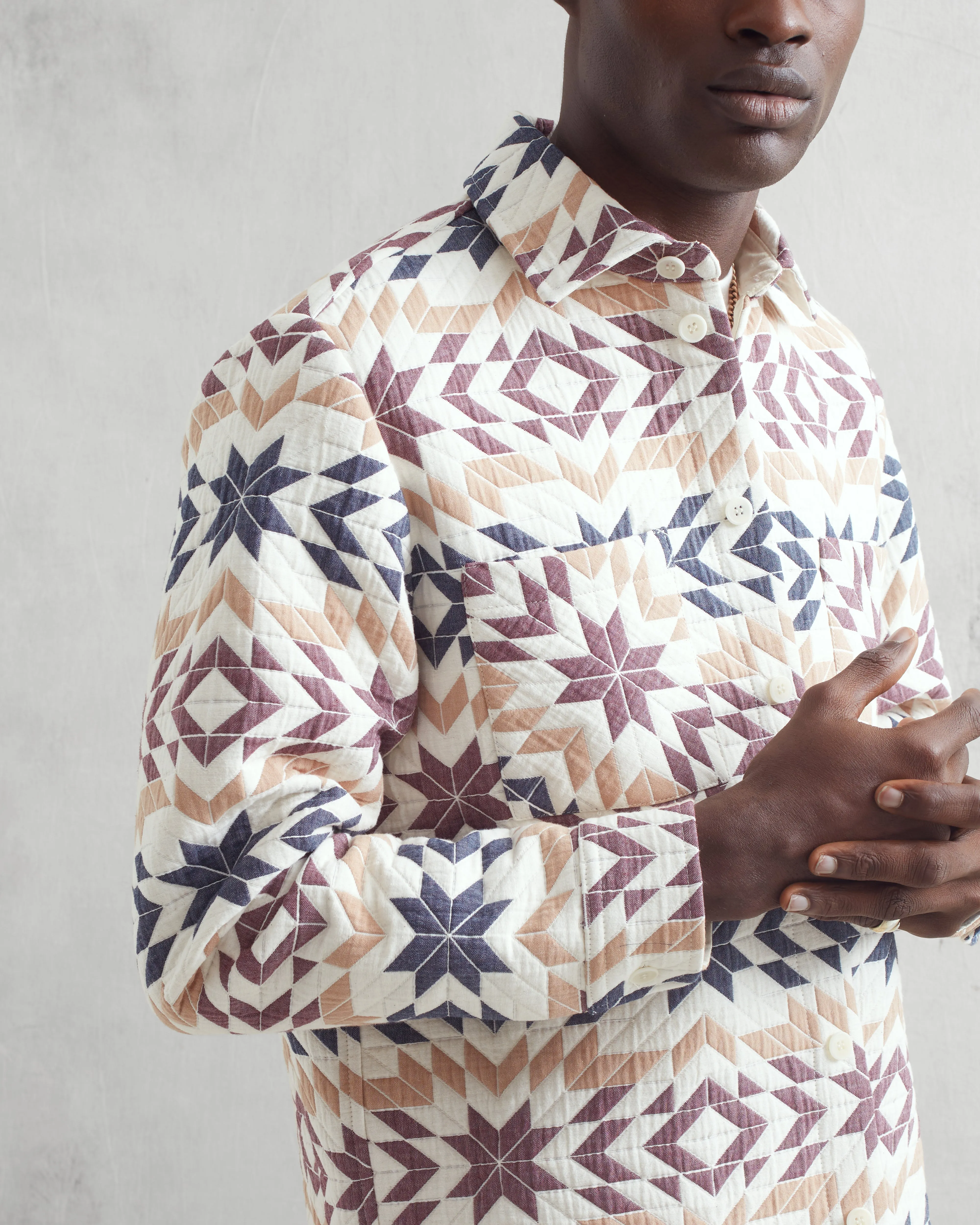 Whiting Overshirt Ecru/Burgundy Maze Jacquard sold by Wax London product image thumbnail 3