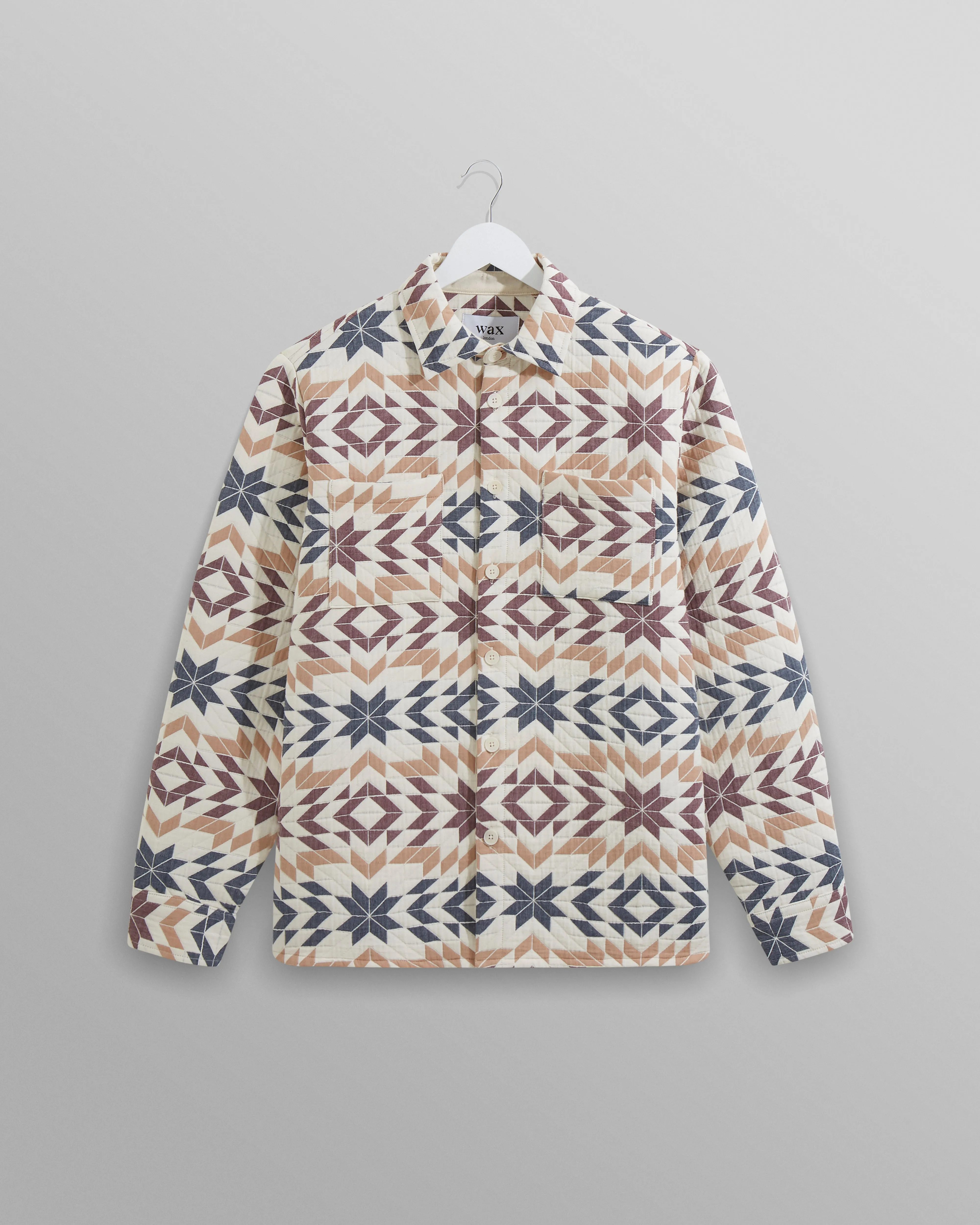 Whiting Overshirt Ecru/Burgundy Maze Jacquard sold by Wax London