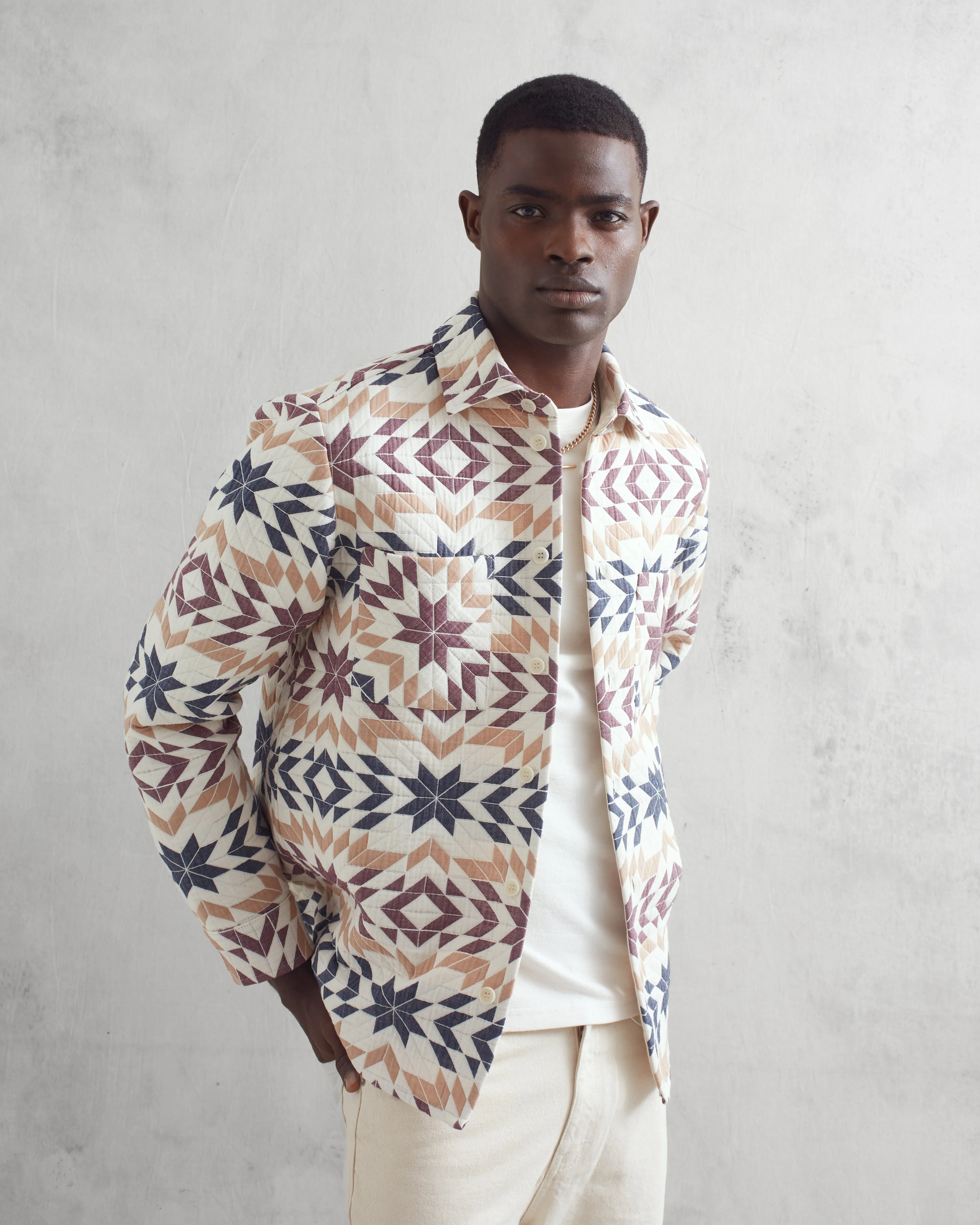 Whiting Overshirt Ecru/Burgundy Maze Jacquard sold by Wax London product image thumbnail 2