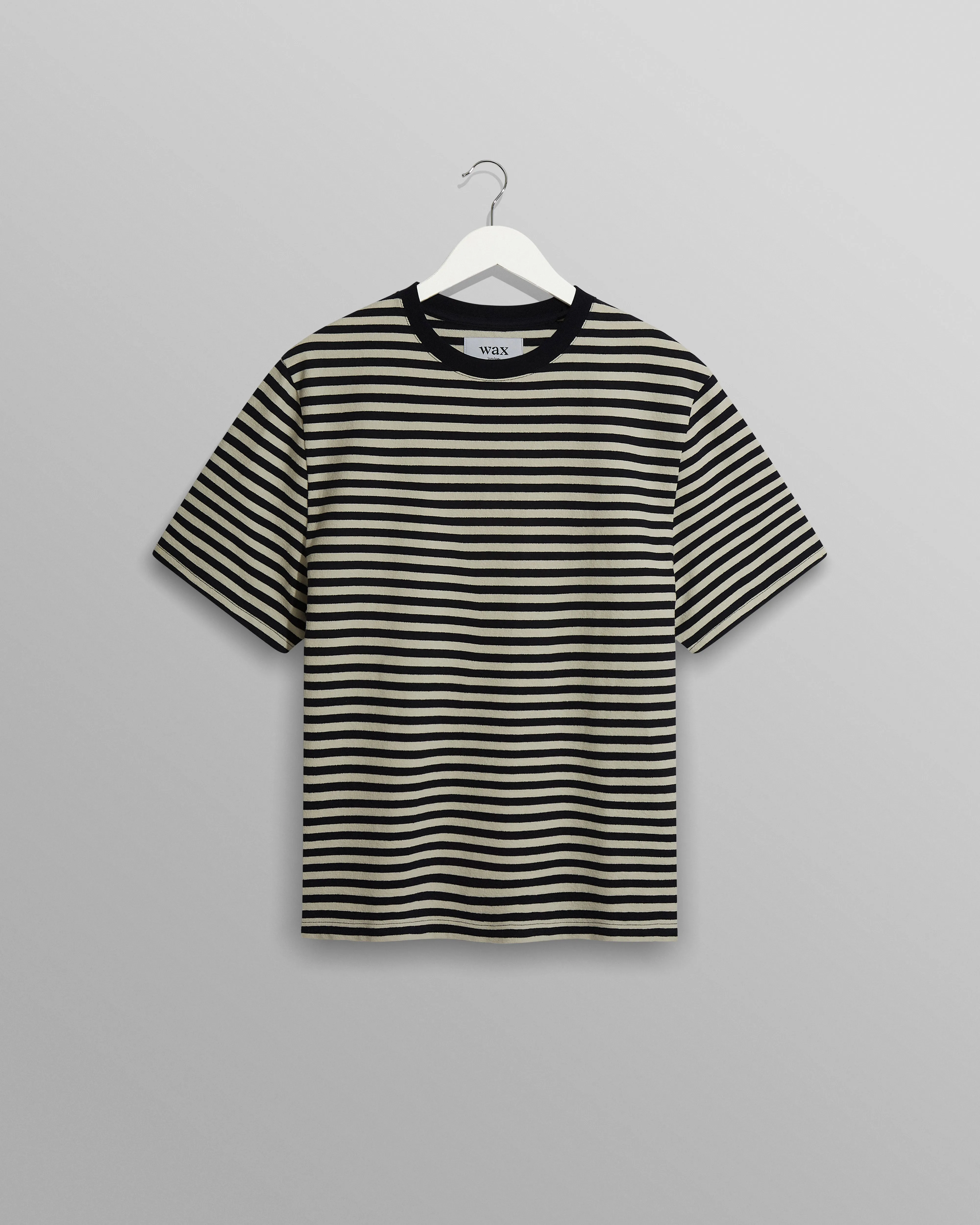 Dean - Navy/Ecru Striped Textured Organic Cotton T-Shirt sold by Wax London