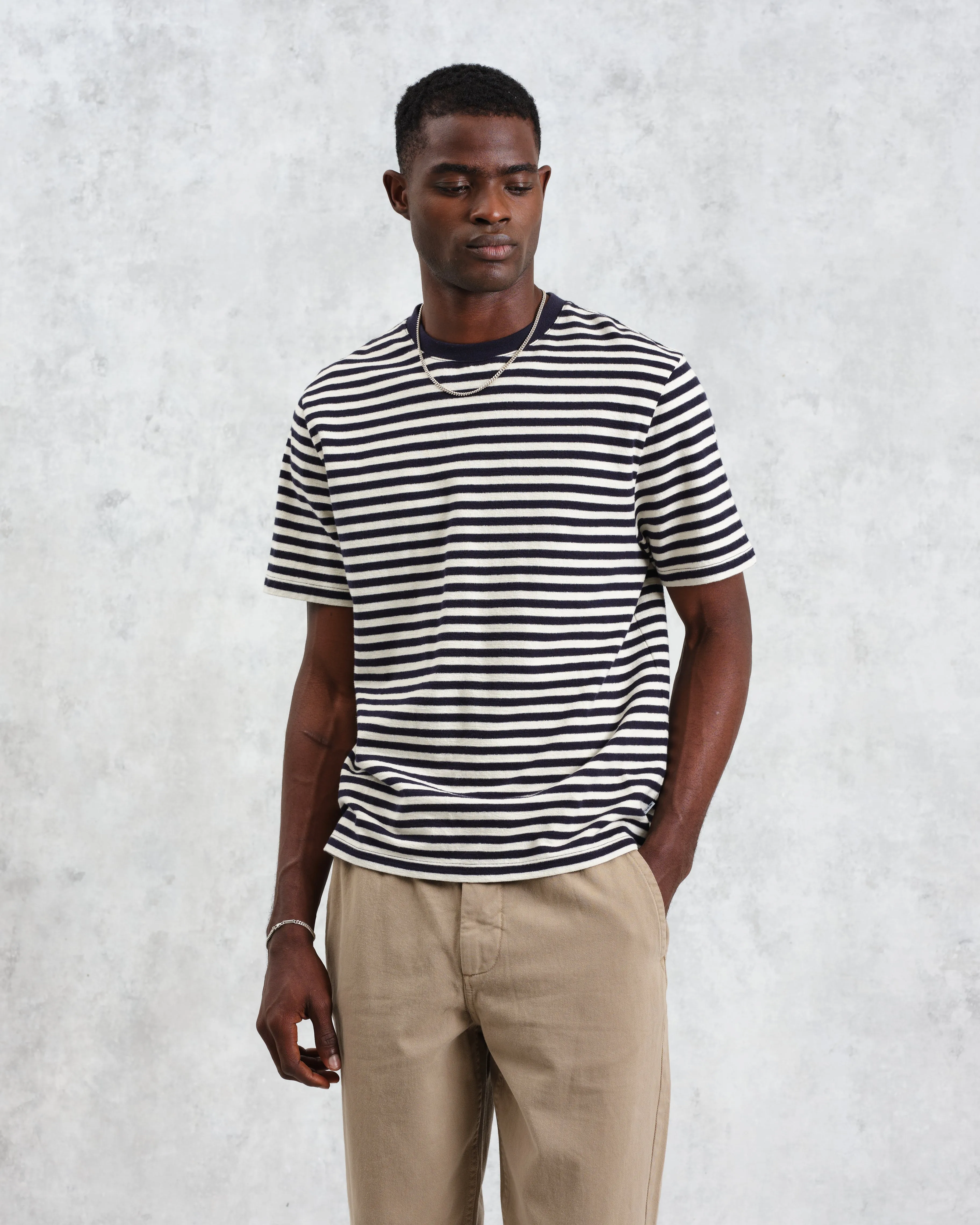 Dean - Navy/Ecru Striped Textured Organic Cotton T-Shirt sold by Wax London product image thumbnail 2