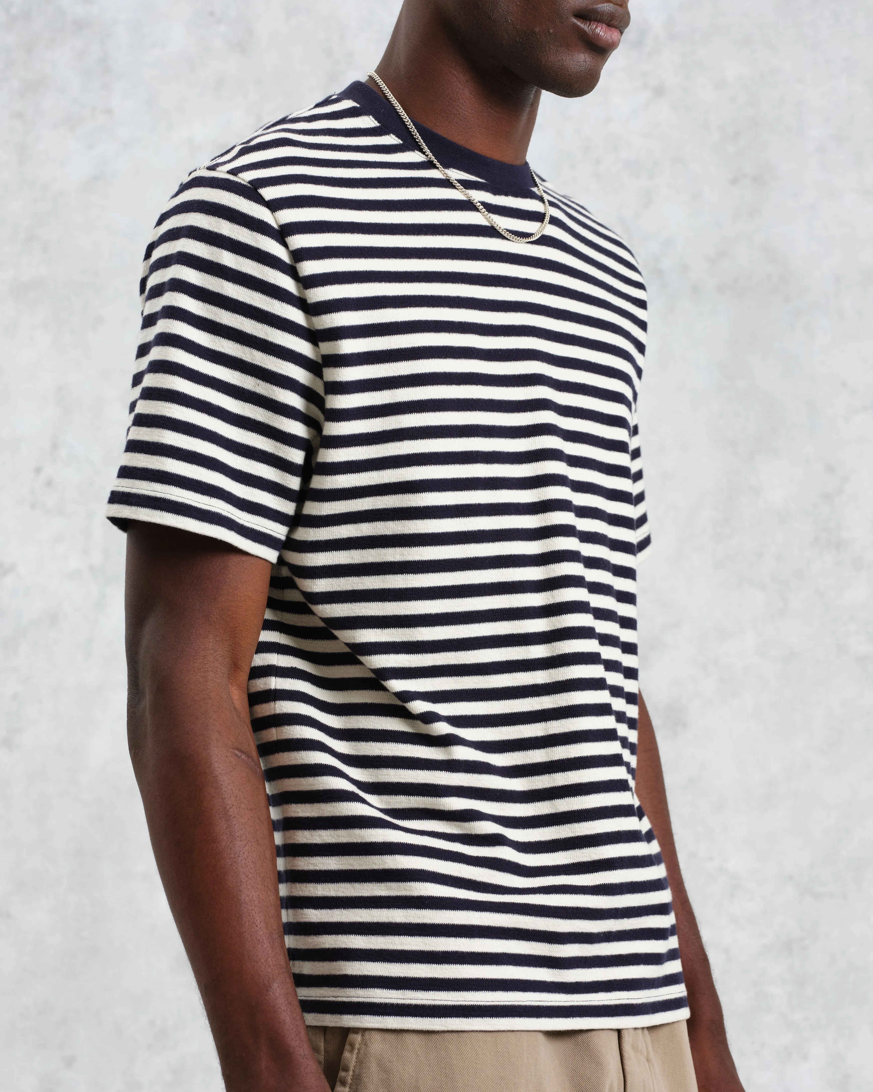 Dean - Navy/Ecru Striped Textured Organic Cotton T-Shirt sold by Wax London product image thumbnail 3