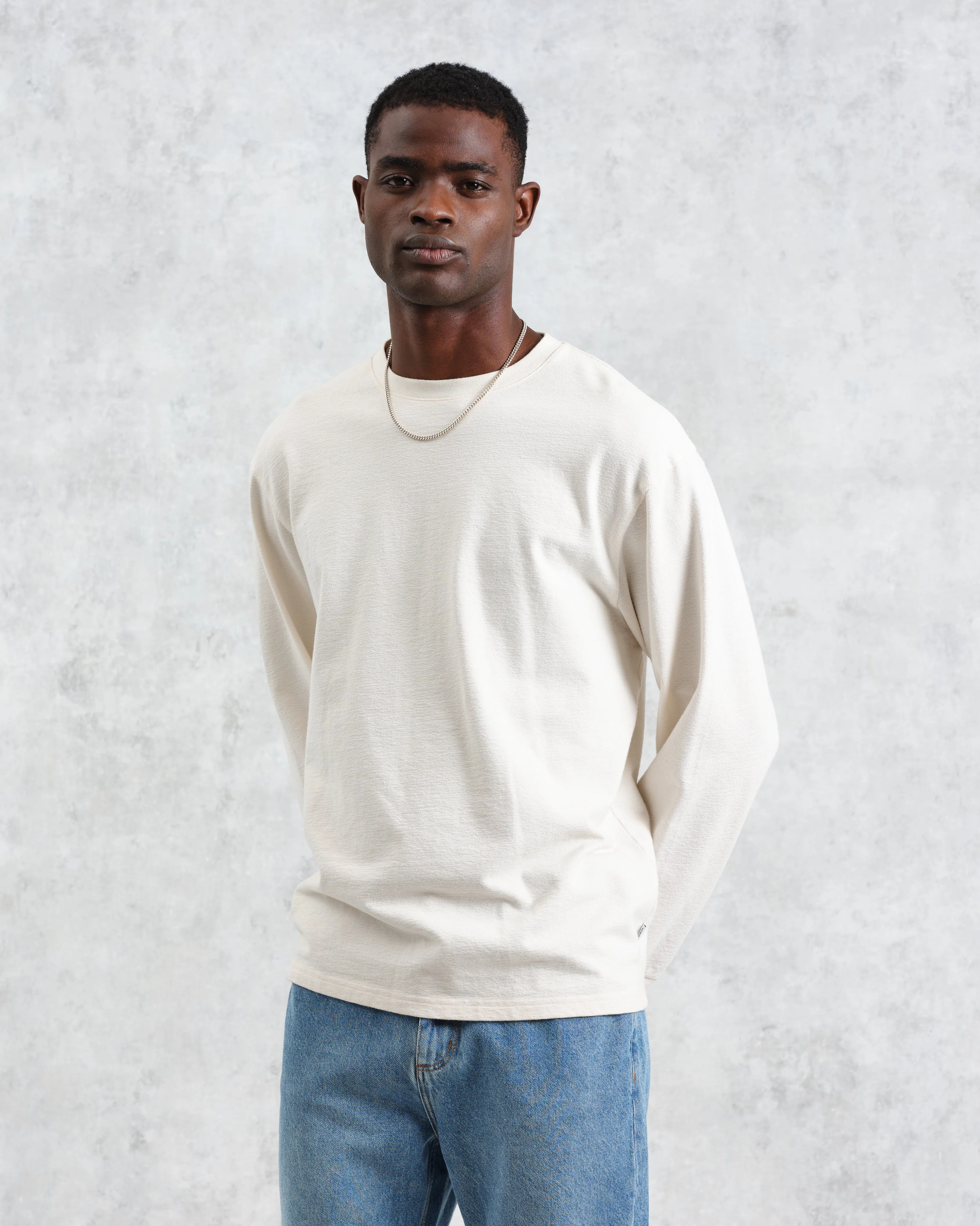Hayden - Ecru Textured Organic Cotton Long Sleeve T-Shirt sold by Wax London product image thumbnail 2