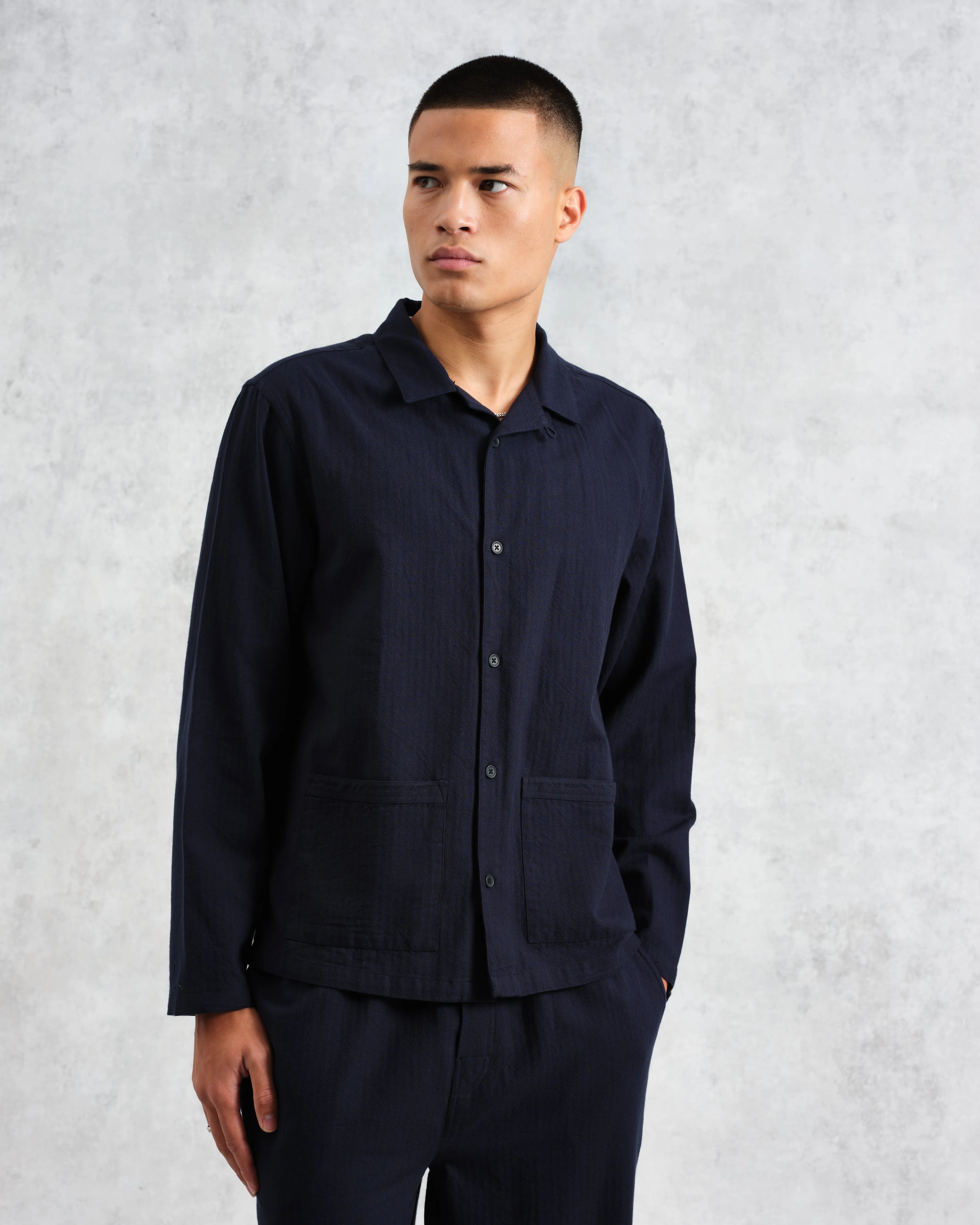 Ripley - Navy Brushed Herringbone Lounge Shirt sold by Wax London product image thumbnail 2