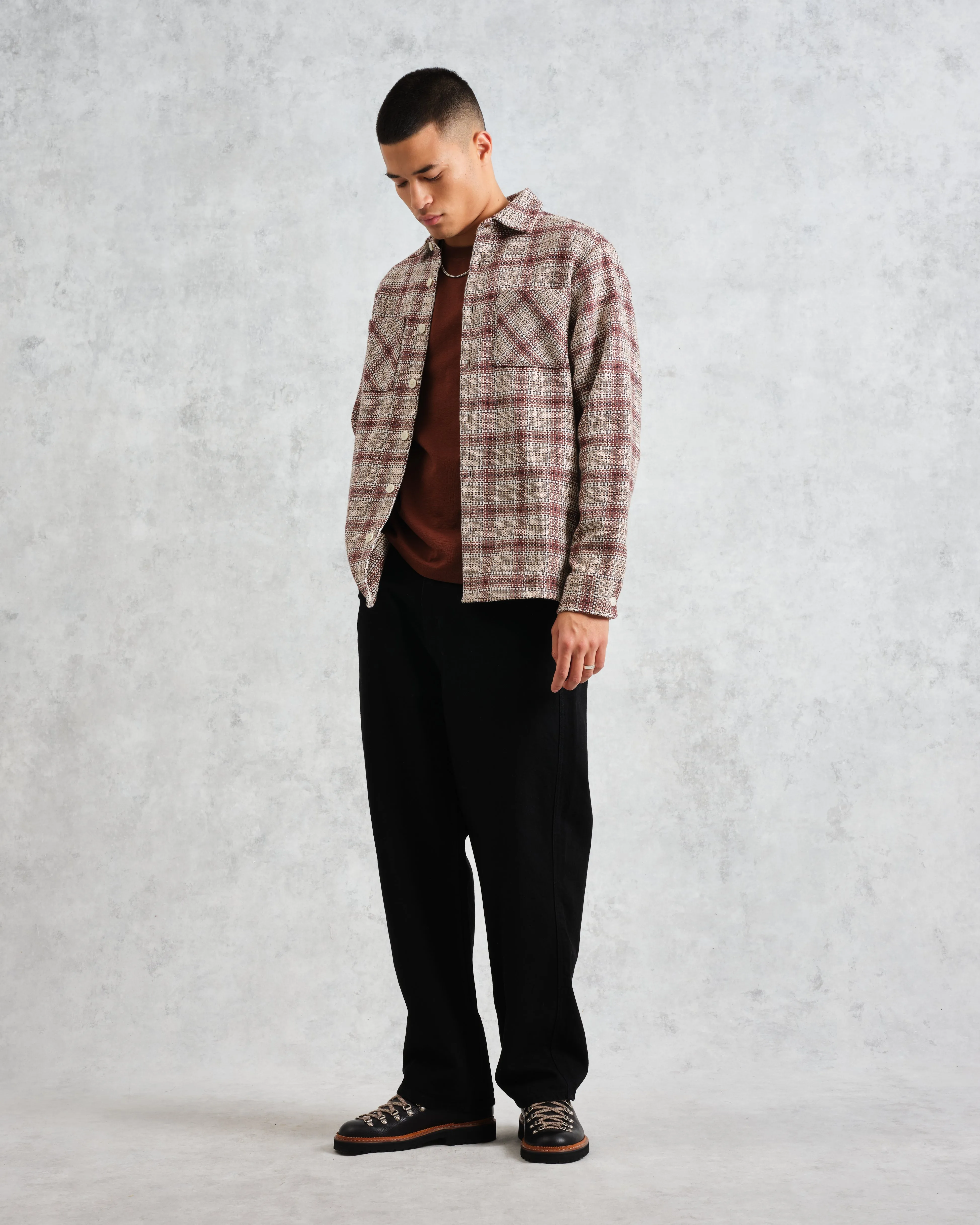 Whiting - Ecru And Burgundy Basket Check Overshirt sold by Wax London product image thumbnail 4