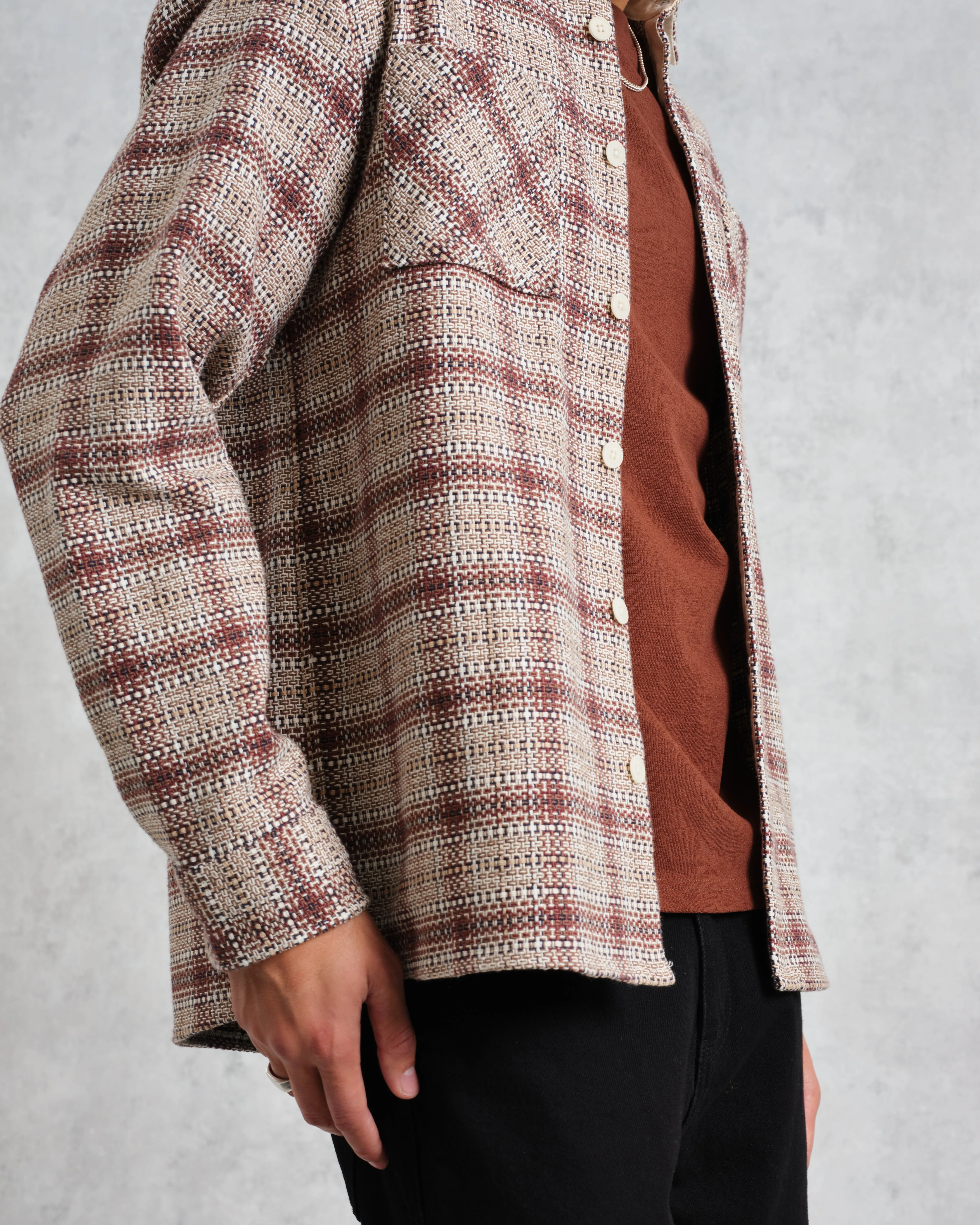 Whiting - Ecru And Burgundy Basket Check Overshirt sold by Wax London product image thumbnail 3