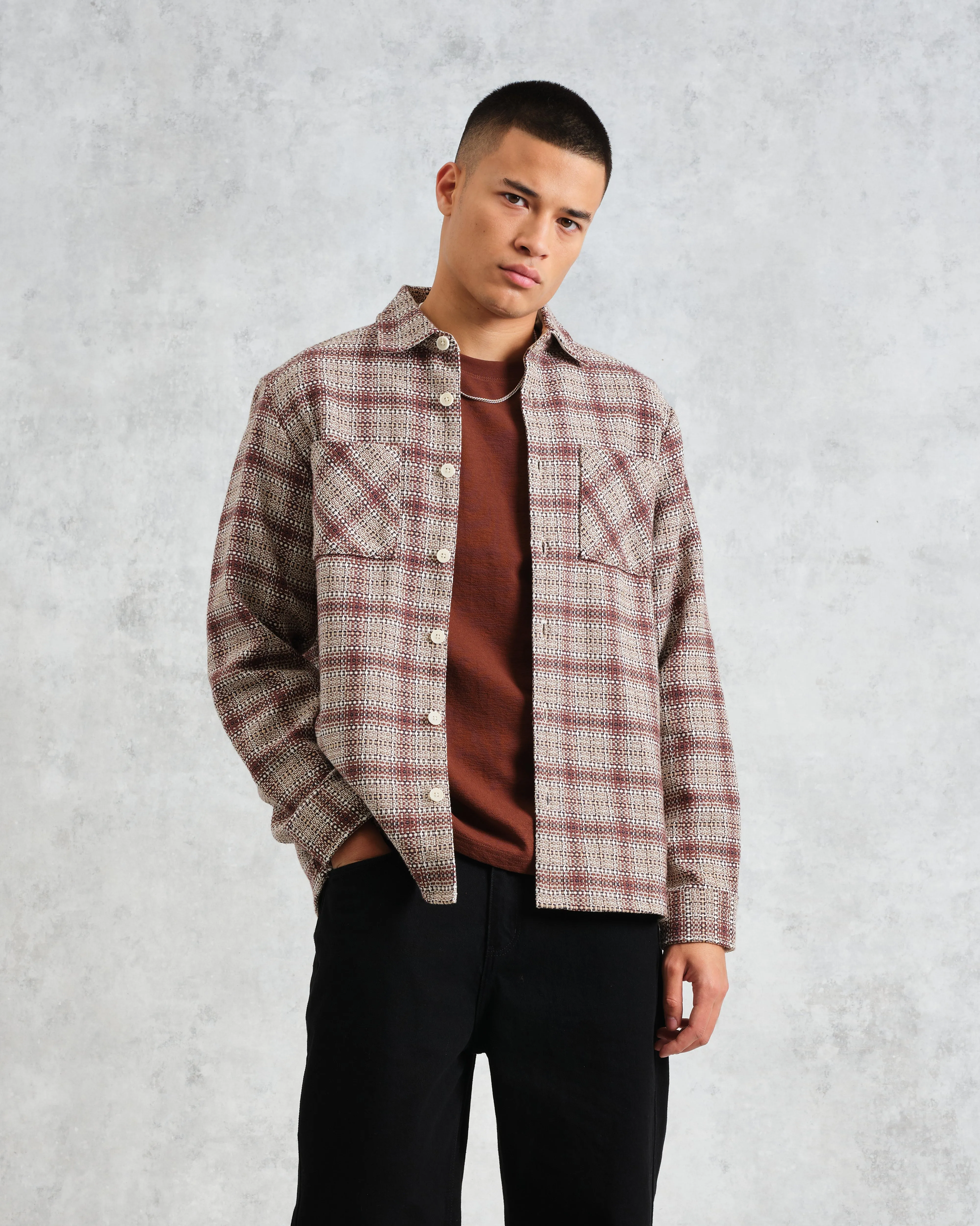 Whiting - Ecru And Burgundy Basket Check Overshirt sold by Wax London product image thumbnail 2