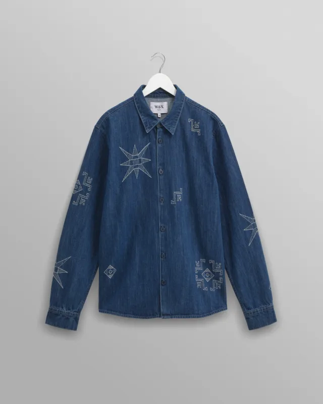 Trin - Blue Geometrical Embroidered Denim Shirt made by Wax London