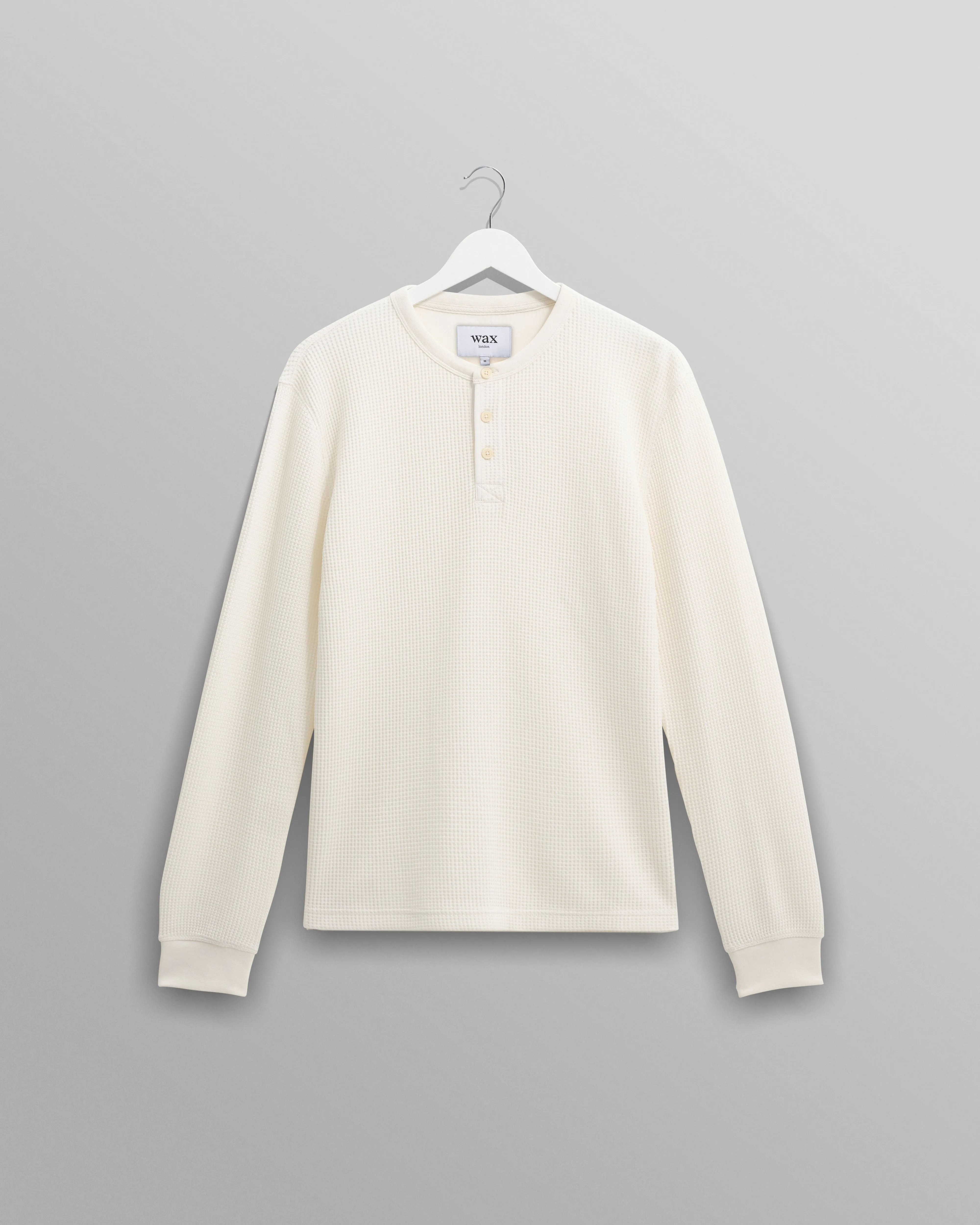 Halton - Ecru Waffle Long-Sleeve Henley T-Shirt sold by Wax London