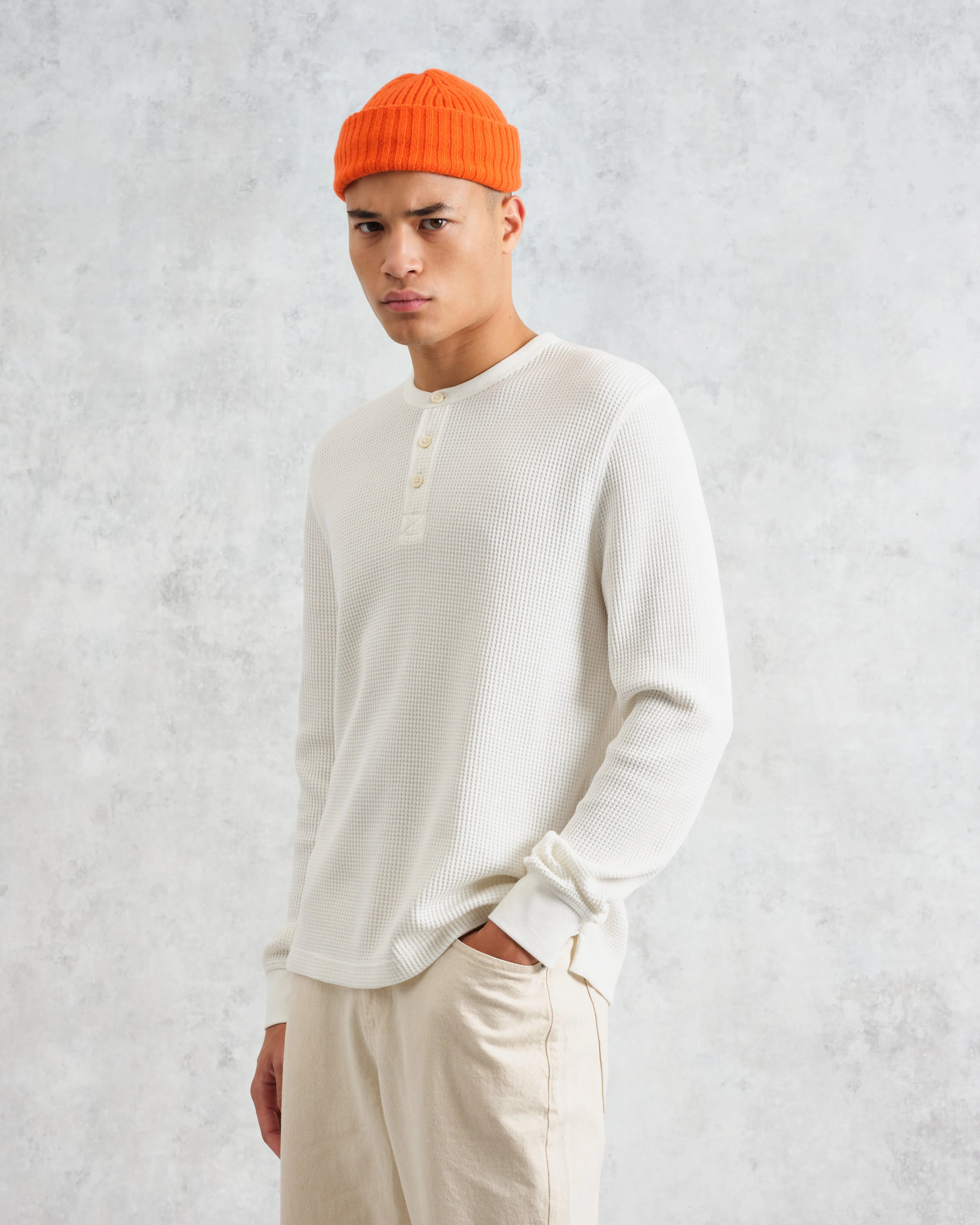 Halton - Ecru Waffle Long-Sleeve Henley T-Shirt sold by Wax London product image thumbnail 2