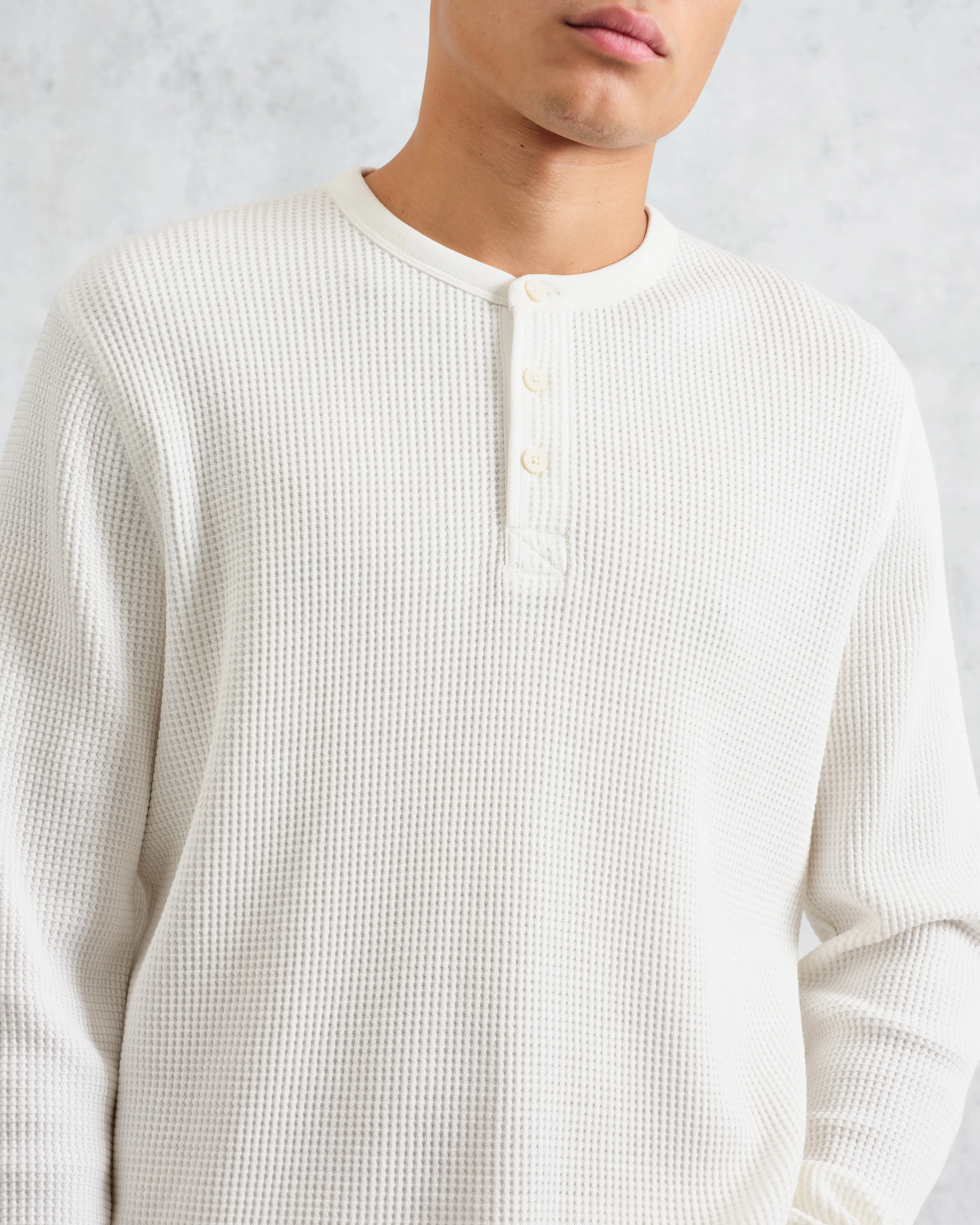 Halton - Ecru Waffle Long-Sleeve Henley T-Shirt sold by Wax London product image thumbnail 3