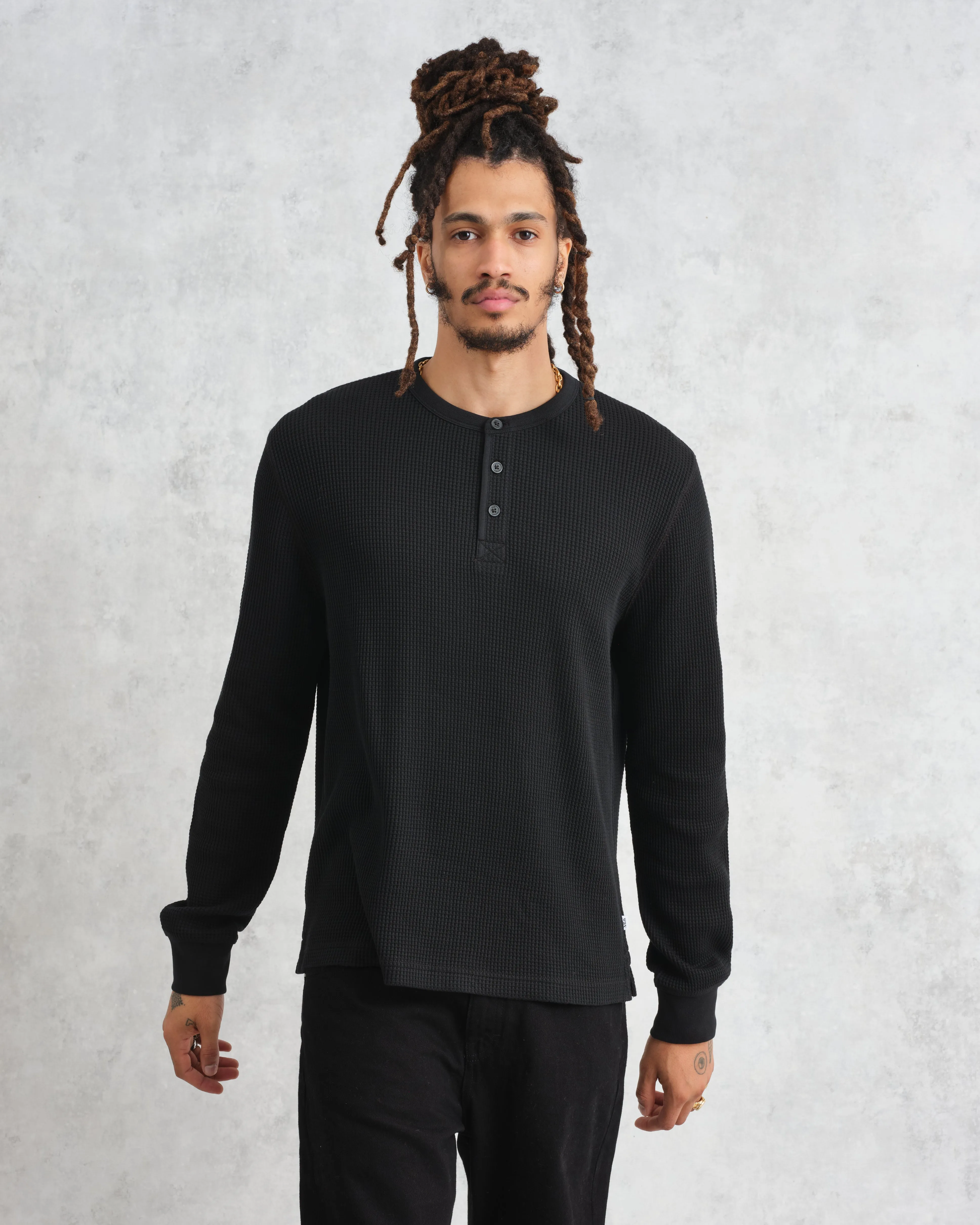 Halton - Black Waffle Long-Sleeve Henley T-Shirt sold by Wax London product image thumbnail 2