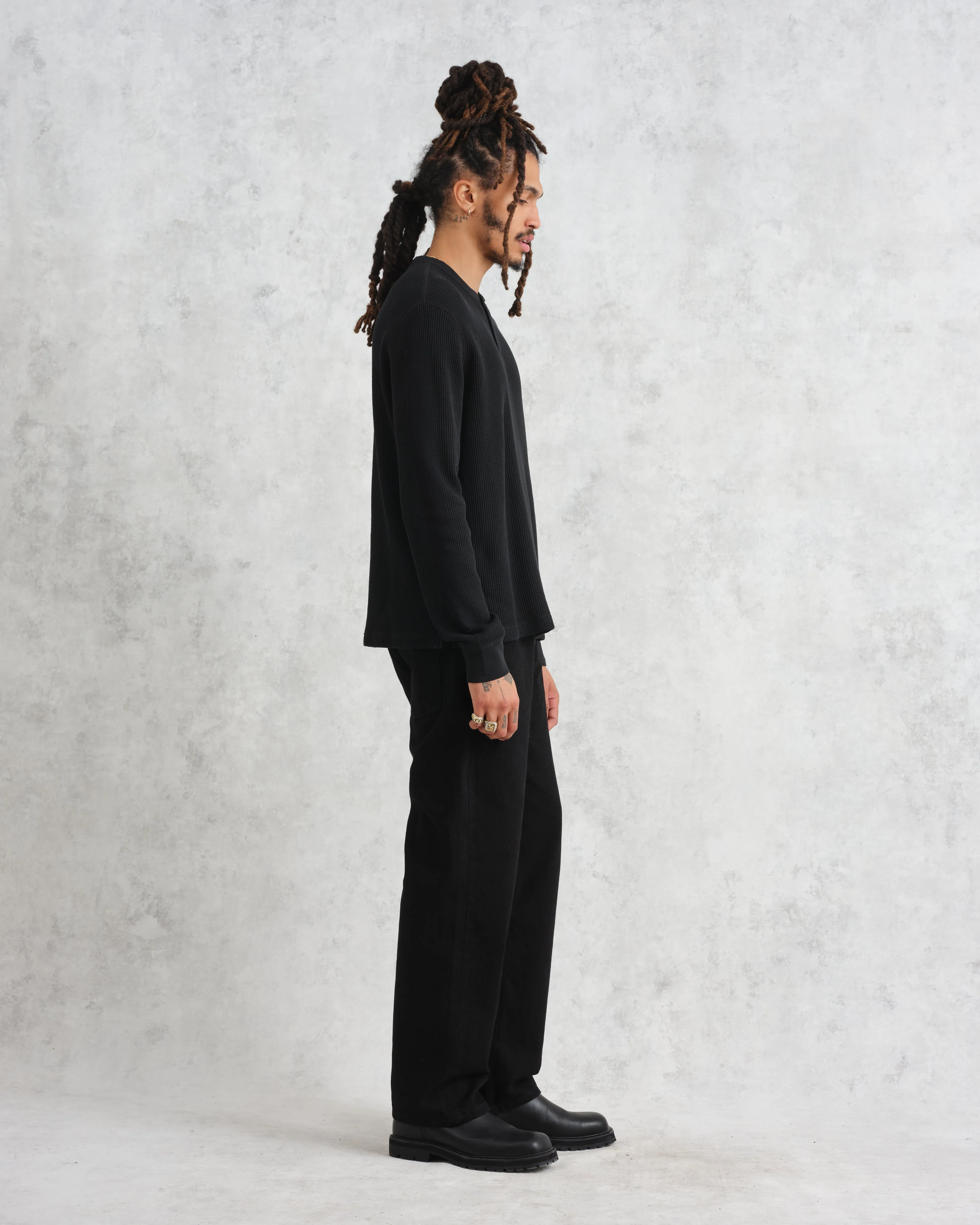 Halton - Black Waffle Long-Sleeve Henley T-Shirt sold by Wax London product image thumbnail 5