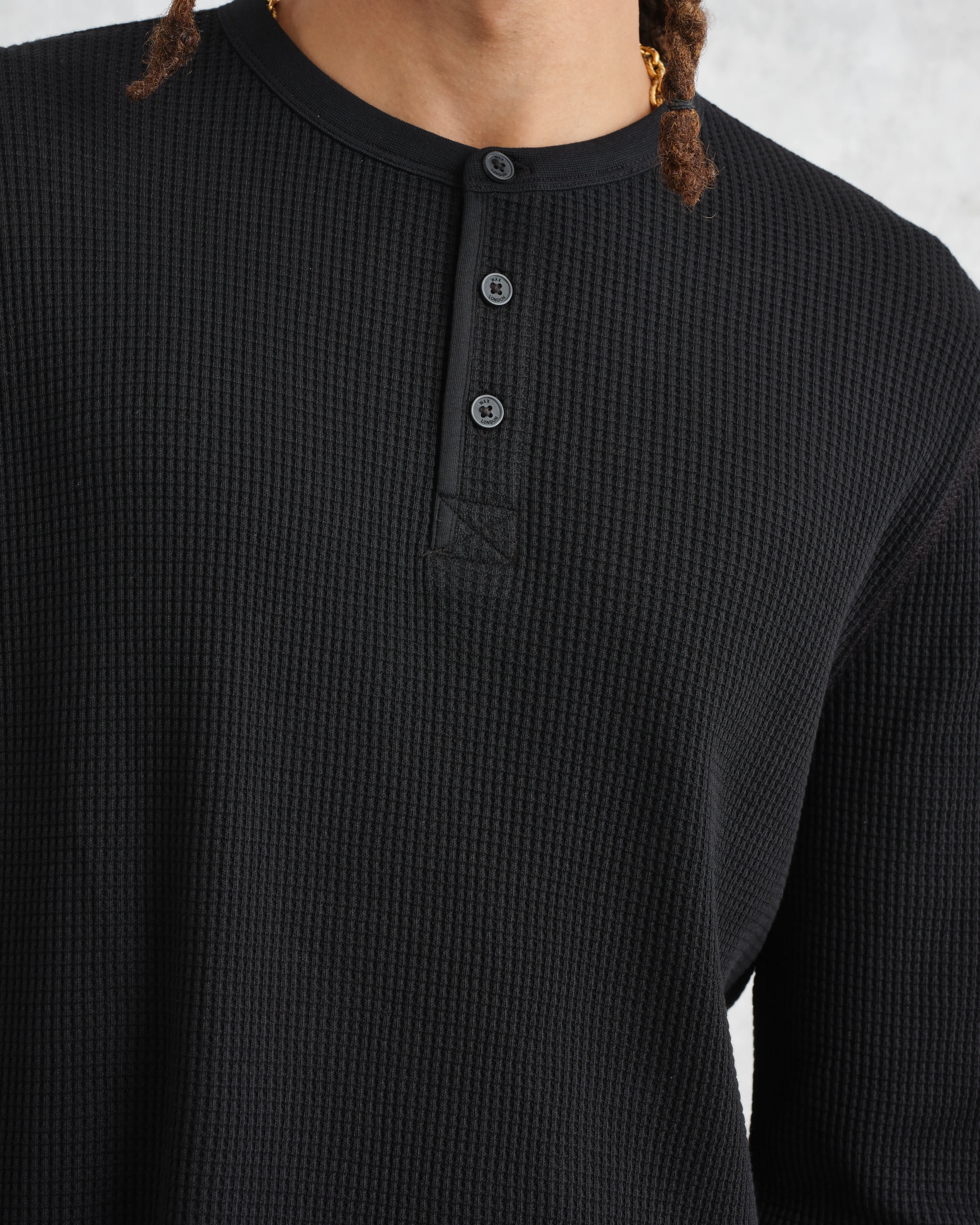 Halton - Black Waffle Long-Sleeve Henley T-Shirt sold by Wax London product image thumbnail 3