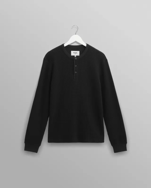 Halton - Black Waffle Long-Sleeve Henley T-Shirt made by Wax London